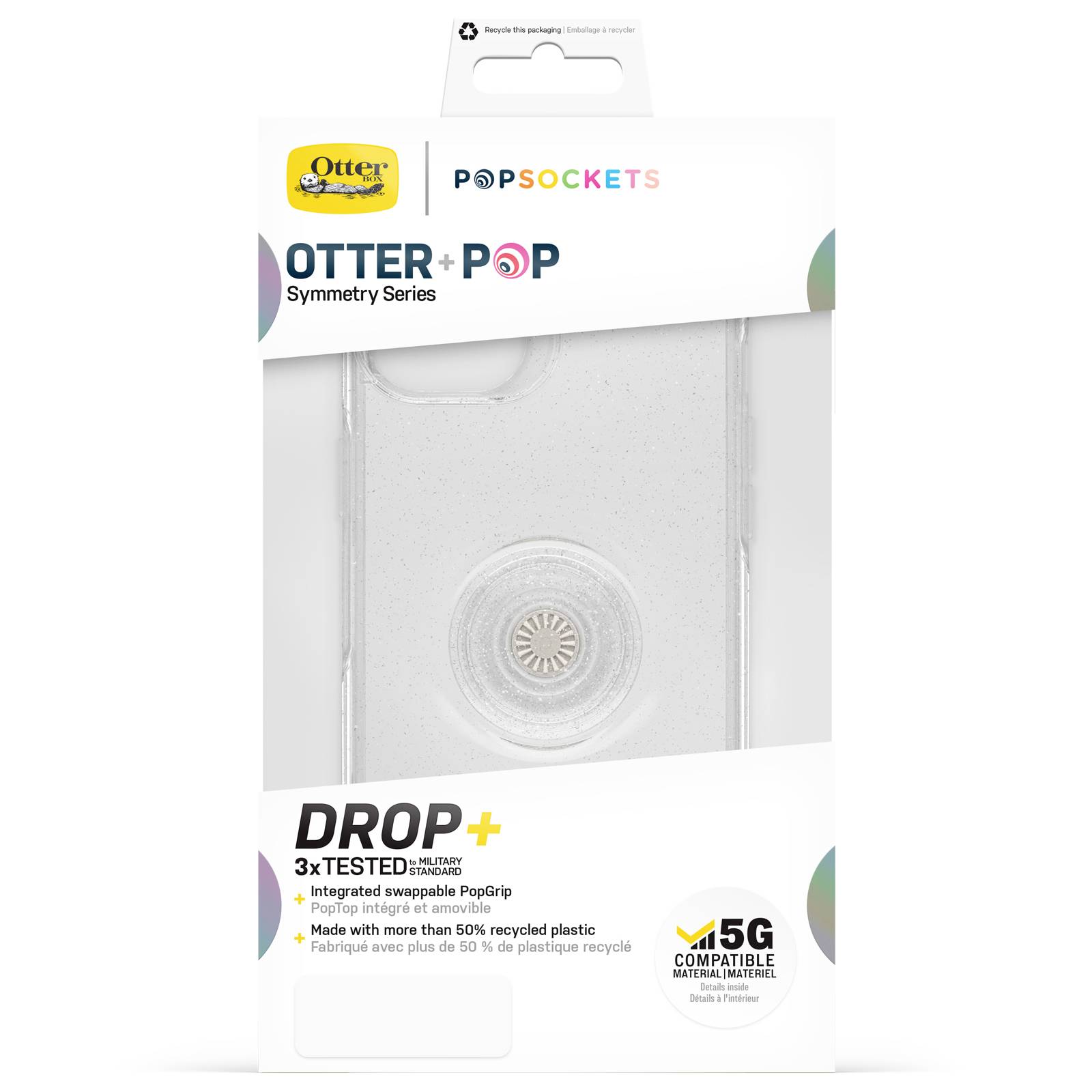 Opakowanie produktu etui ochronnego Otterbox z zintegrowanym uchwytem PopGrip. Kompatybilne z 5G, wykonane w ponad 50% z recyclingu tworzyw sztucznych.