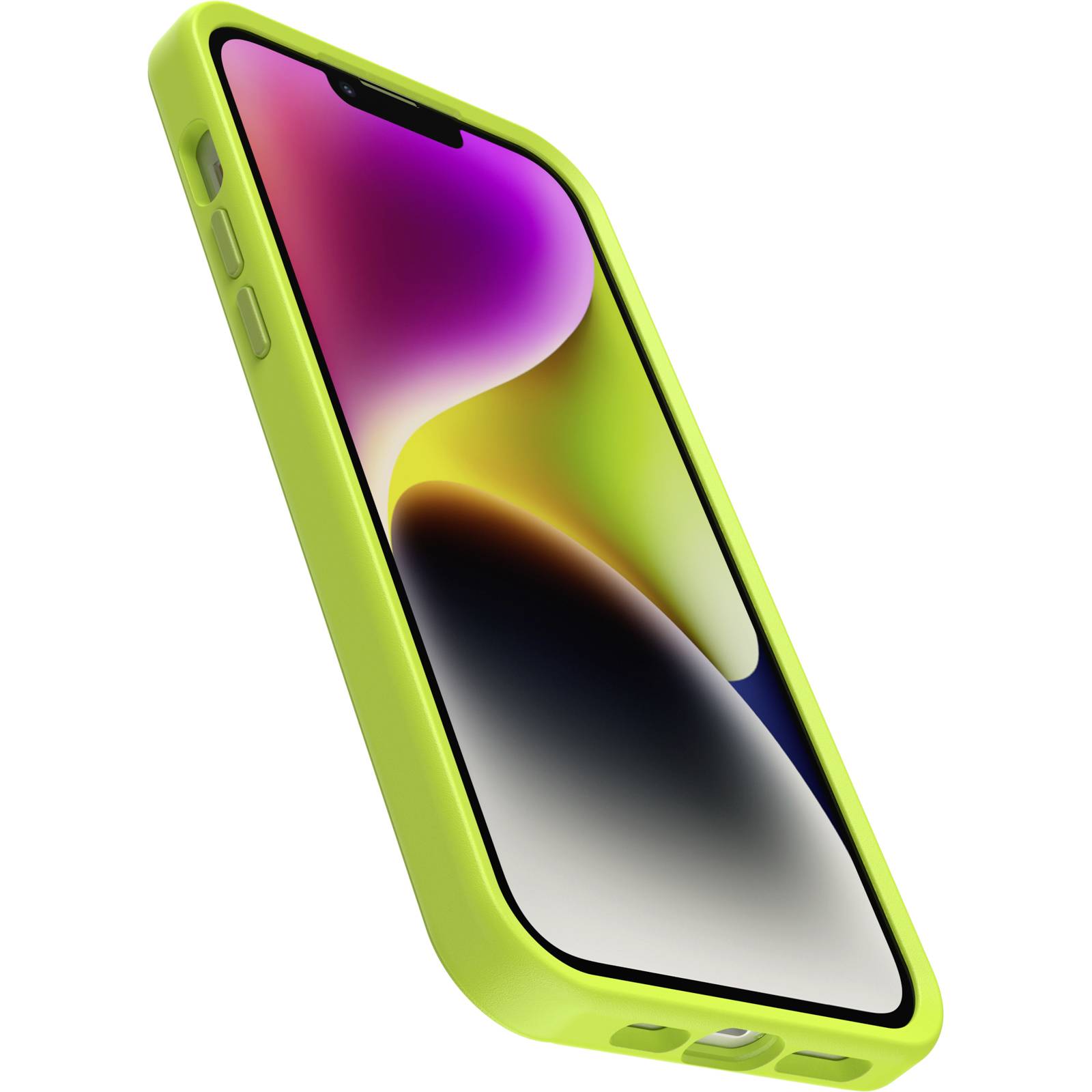 Smartfon z kolorowym, abstrakcyjnym ekranem w jaskrawożółtym etui jest trzymany pod skosem, z naciskiem na nowoczesną technologię.