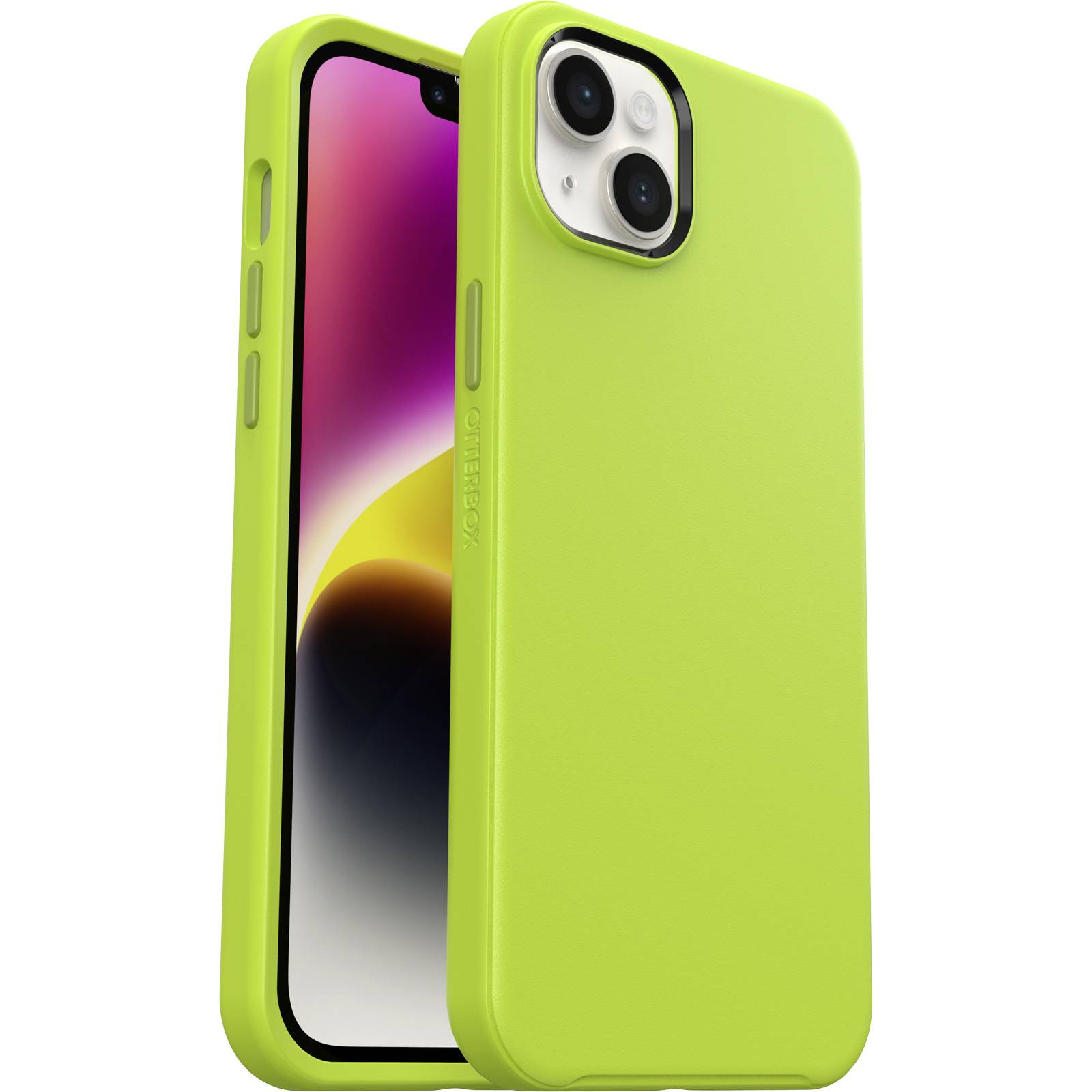 Zielony smartfon w pasującej zielonej obudowie. Wyświetlacz prezentuje kolorowe, rozmyte tło.