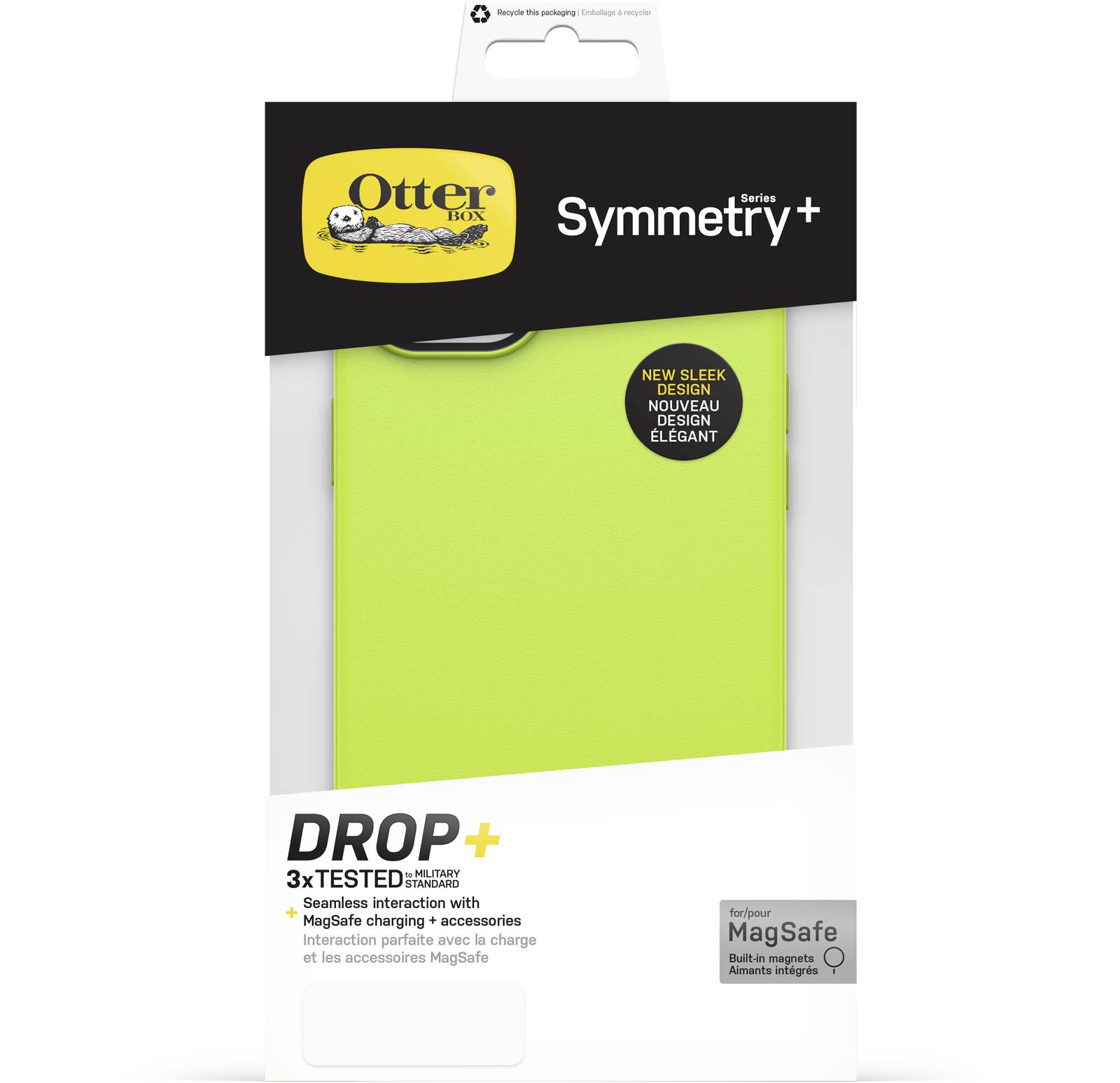 Opakowanie żółtej obudowy na smartfona marki OtterBox. Wyróżniono kompatybilność z MagSafe oraz ochronę przed upadkiem w trzech stopniach.