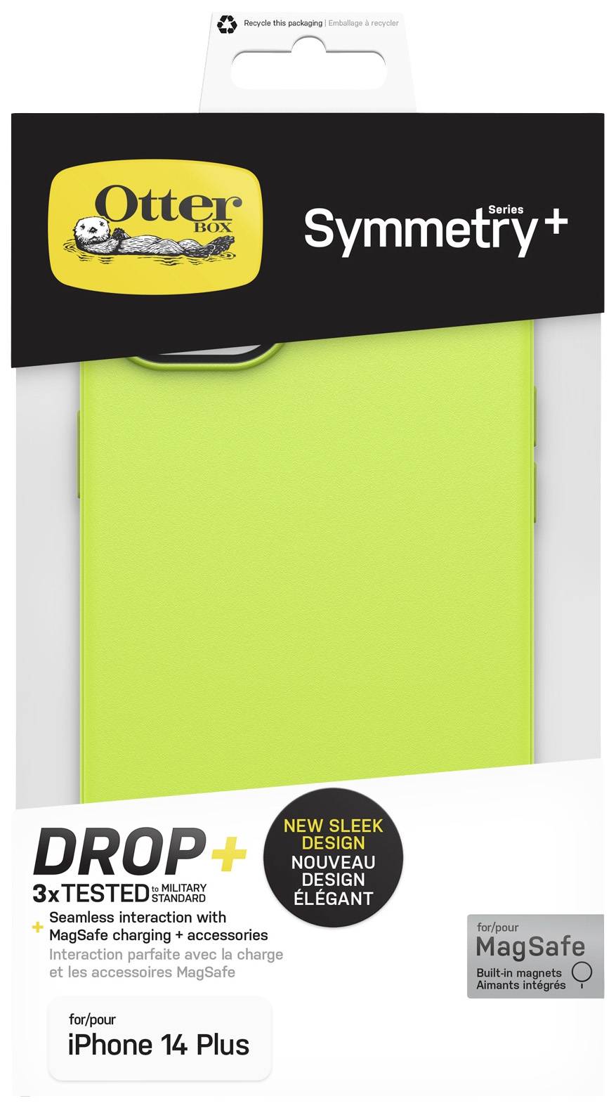 Zielona obudowa ochronna OtterBox Symmetry+ do iPhone 14 Plus, kompatybilna z MagSafe, o eleganckim designie.