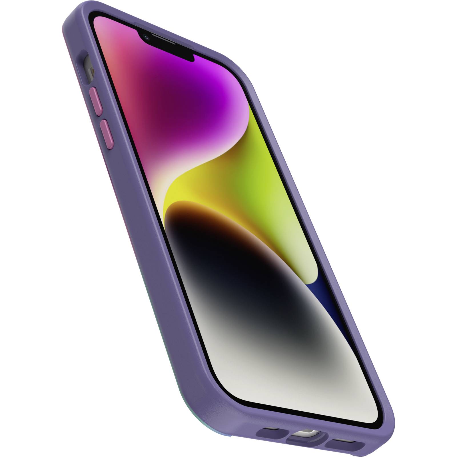 Smartfon z fioletową obudową, wyświetlający kolorowy ekran; nacisk na design i technologię wyświetlacza.