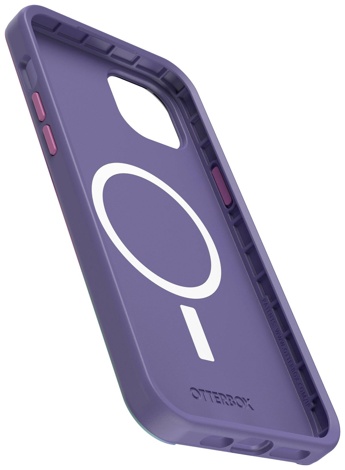 Fioletowe etui na smartfona z dużym białym kółkiem i napisem 'OTTERBOX', widok z boku.
