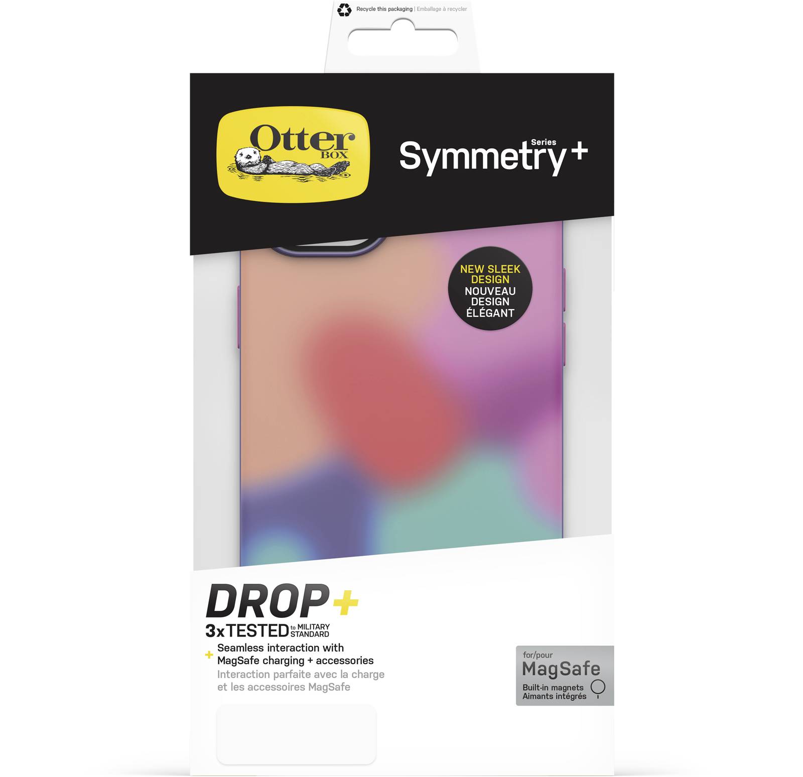 Opakowanie etui na telefon marki OtterBox, model 'Symmetry+', kompatybilne z MagSafe i posiadające zaawansowaną ochronę przed upadkami Drop+. Nowoczesne wykonanie.