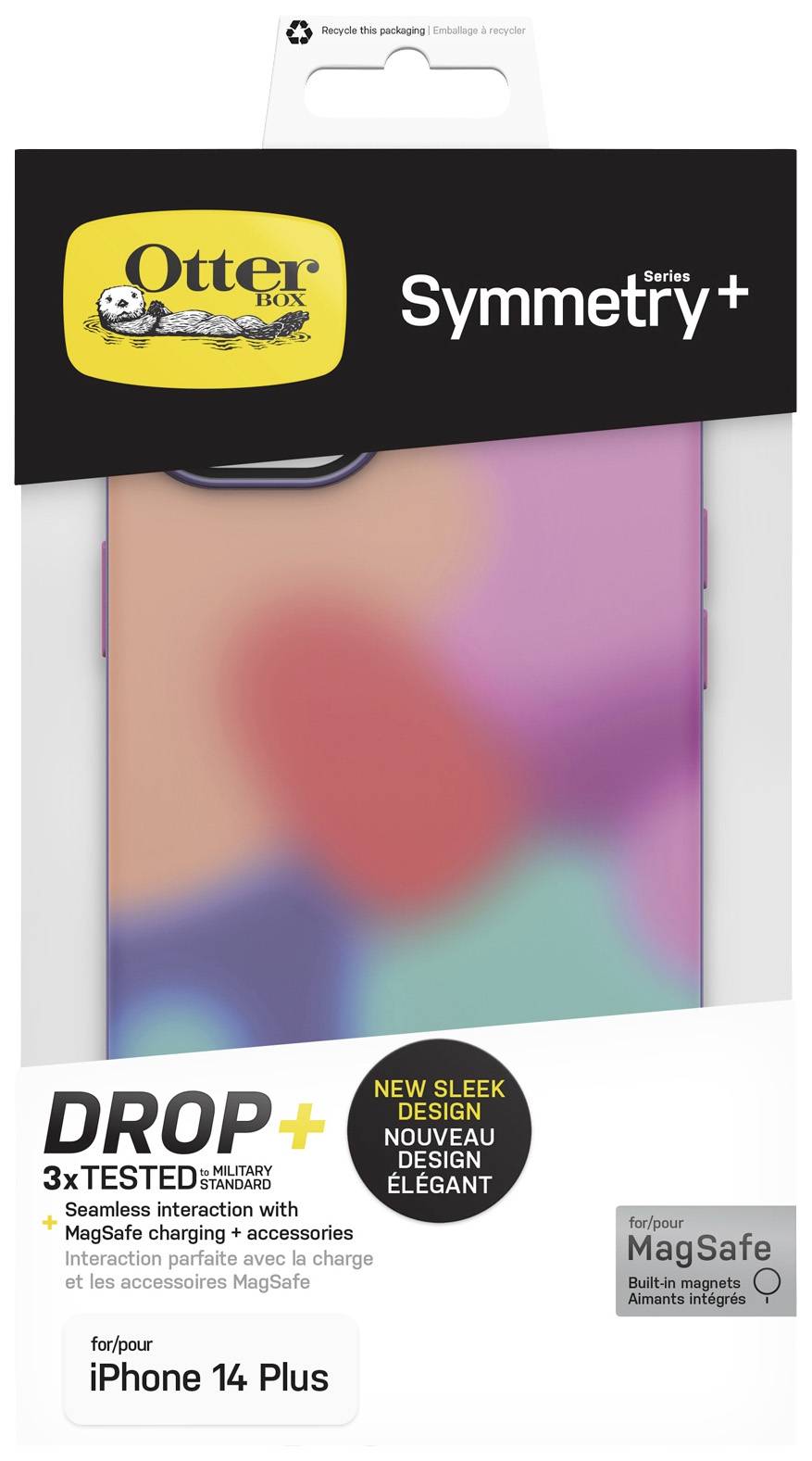 Opakowanie etui na telefon 'OtterBox Symmetry Series+' dla iPhone 14 Plus, podkreślające ochronę przed upadkiem 'Drop+' oraz kompatybilność z 'MagSafe'.