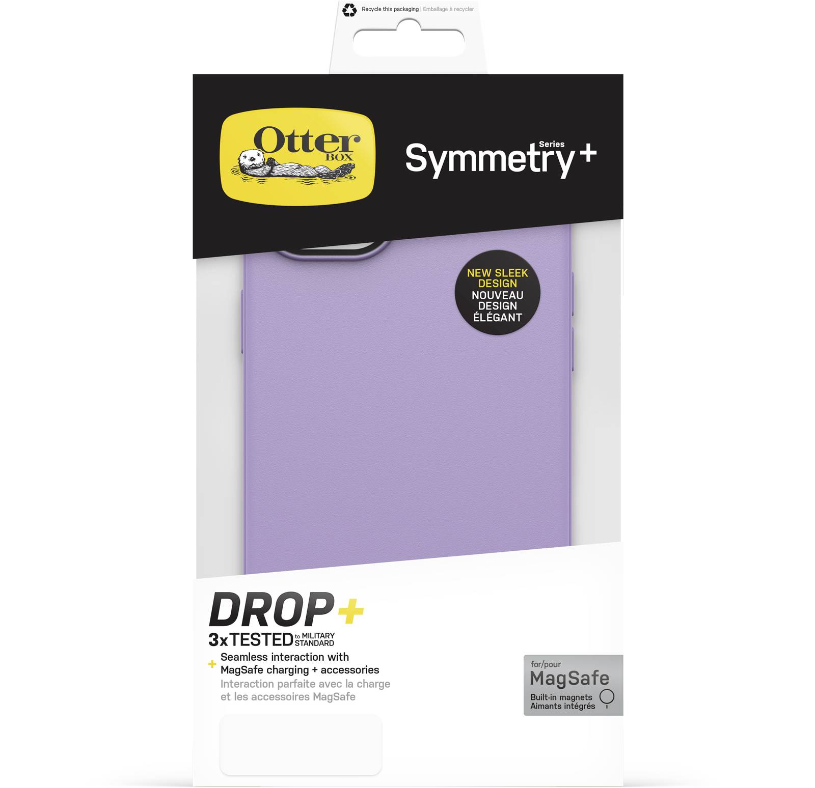 Etui Lila na smartfona w opakowaniu z napisem 'Seria Symmetry' oraz 'Przetestowane w warunkach upadku 3x'. Kompatybilne z MagSafe.