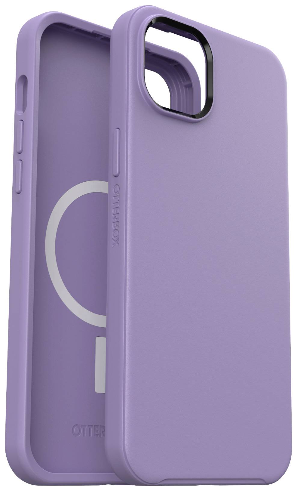 Etui Lila z pierścieniem MagSafe, przezroczystym wycięciem na aparat i bocznymi przyciskami. Marka 'Otterbox'.