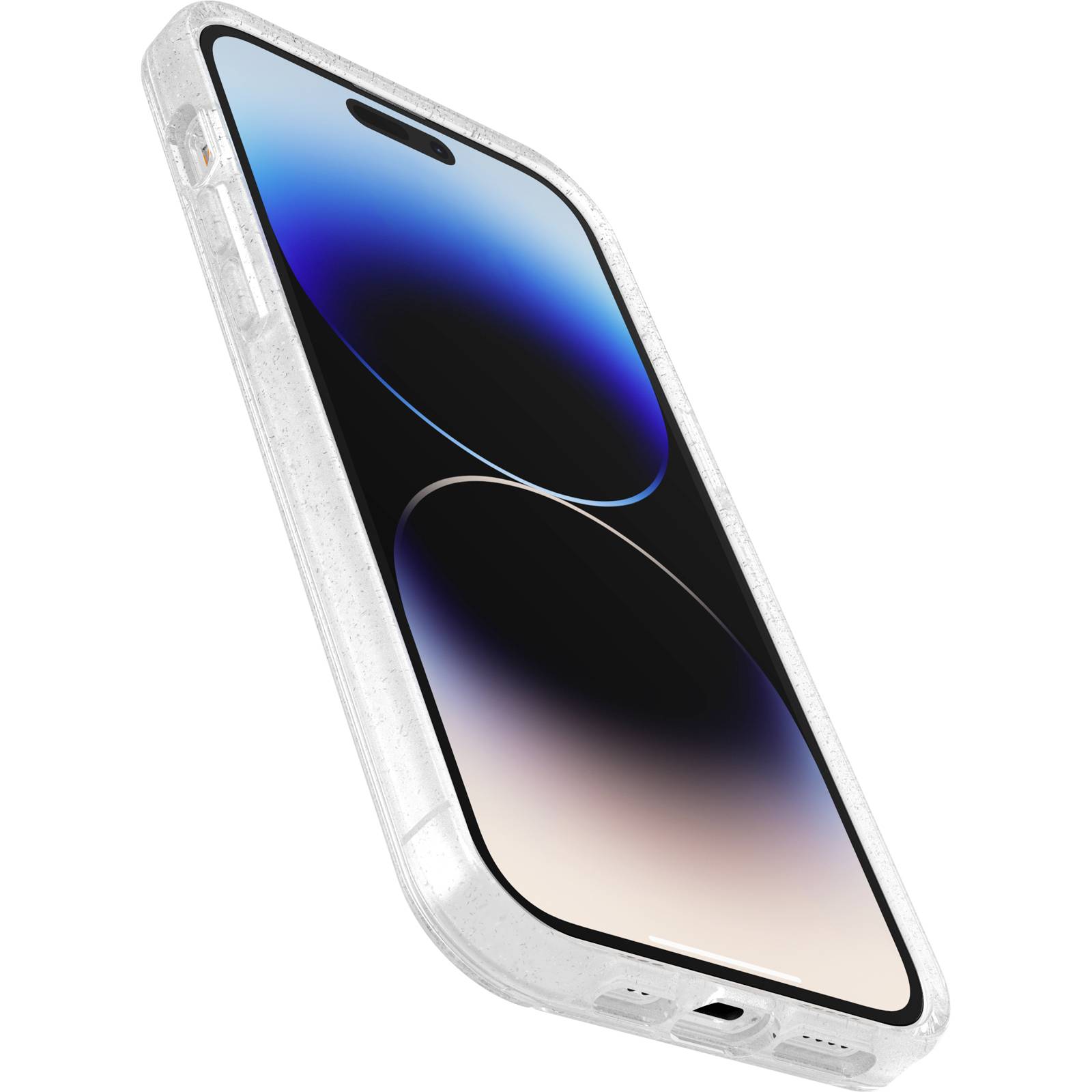 Nowoczesny smartfon z przezroczystą obudową, sfotografowany pod skosem z boku, prezentuje ciemny wyświetlacz.