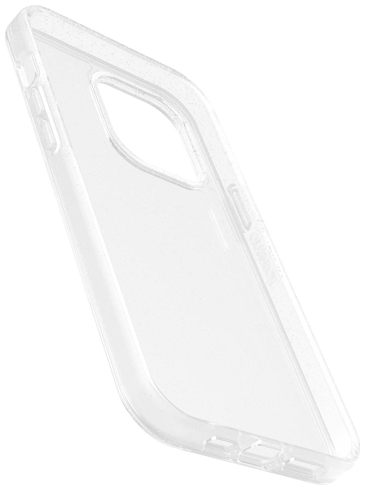 Przezroczyste etui na telefon z ochroną kamery, wykonane z czystego plastiku, z widocznymi bocznymi przyciskami.