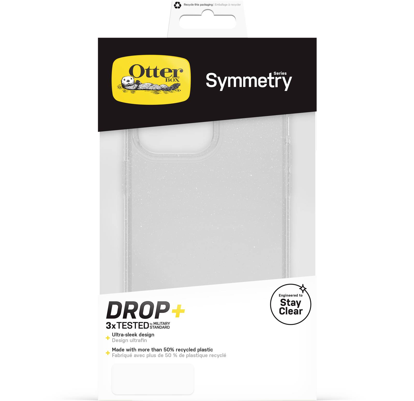 Etui OtterBox Symmetry Series, przezroczyste, w opakowaniu. Informacja 'DROP+ 3-krotnie testowane', zawiera przetworzone tworzywo sztuczne.
