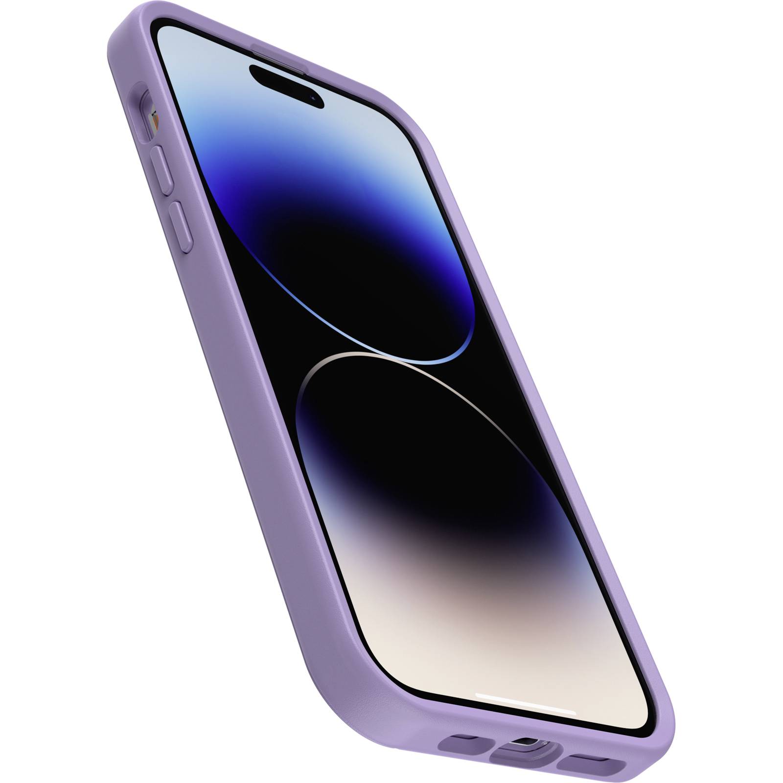 Smartfon z fioletową obudową, wyświetlacz prezentuje minimalistyczne wzory w kolorach niebieskim i czarnym. Elementy sterujące widoczne są z boku.