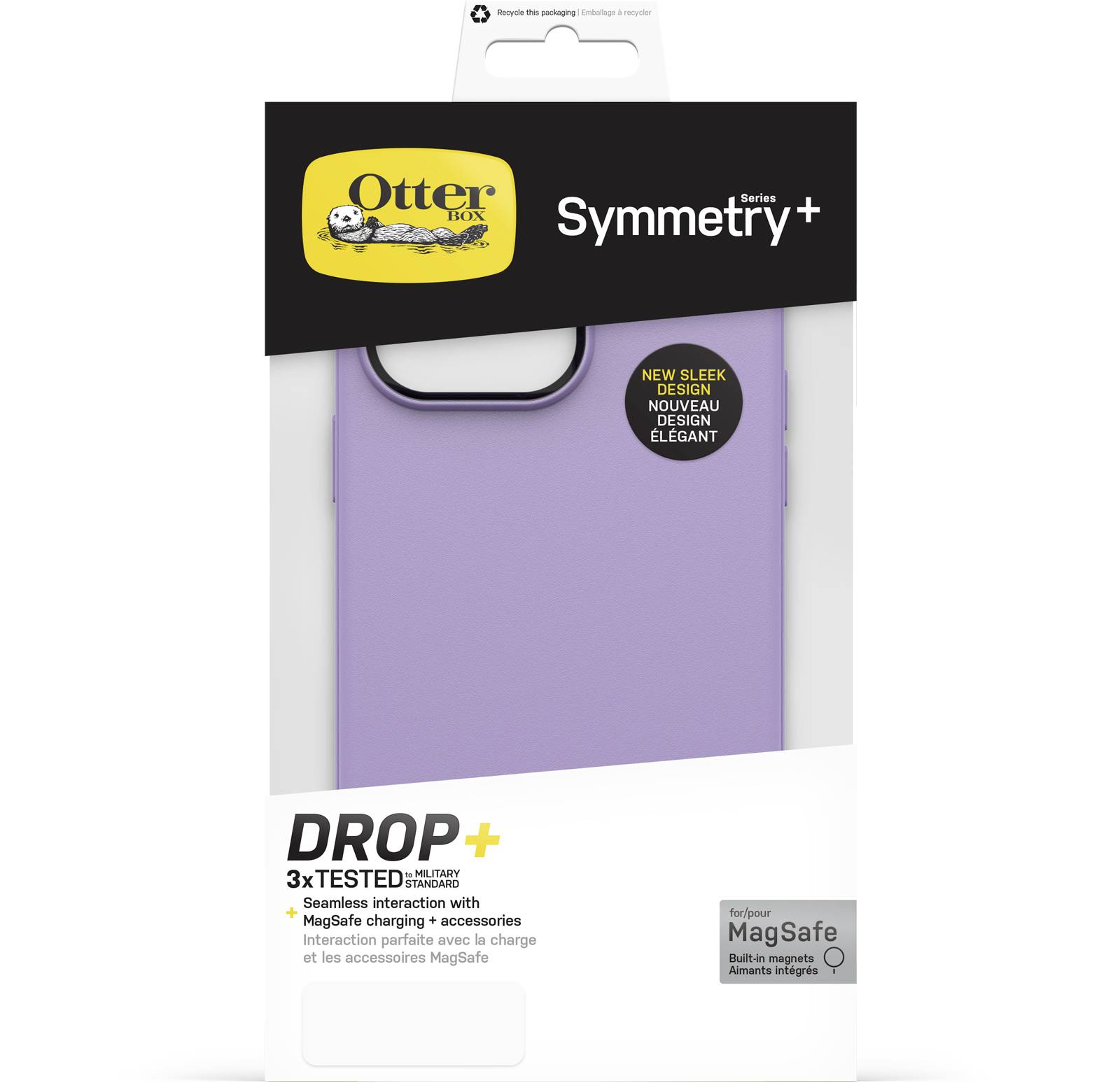 Fioletowe etui na telefon marki Otterbox, model 'Symmetry+'. Kompatybilne z MagSafe, o podwyższonej odporności na wstrząsy.