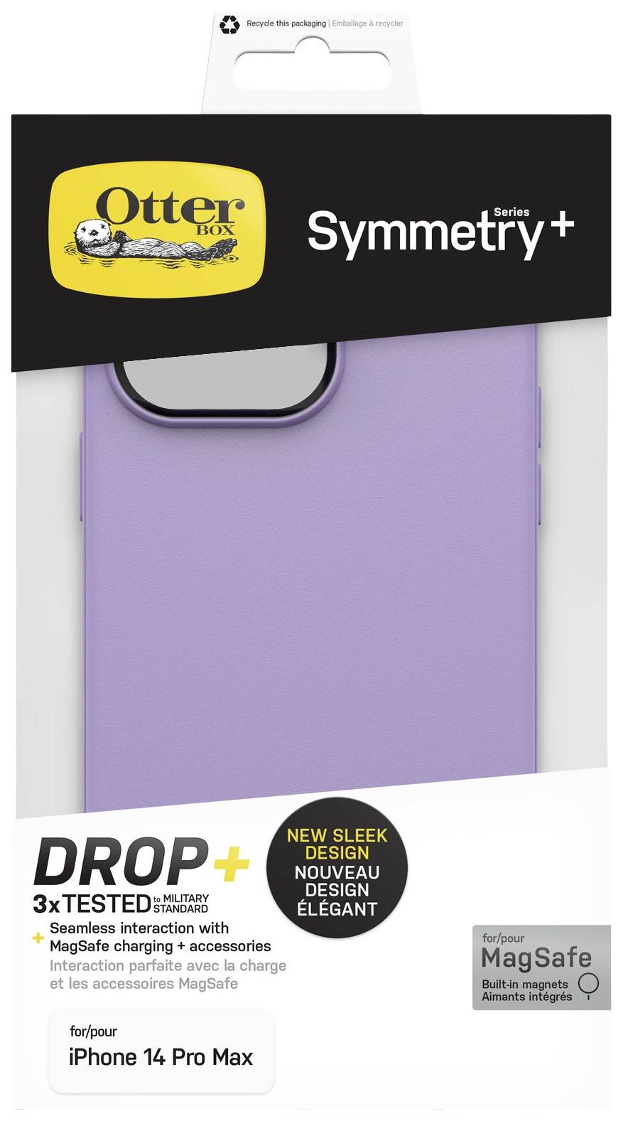 Etui na iPhone 14 Pro Max w kolorze fioletowym. Nazwa marki 'OtterBox' na górze, seria 'Symmetry+'. Reklamowane jako odporne na wstrząsy. Opakowanie wskazuje na kompatybilność z MagSafe.