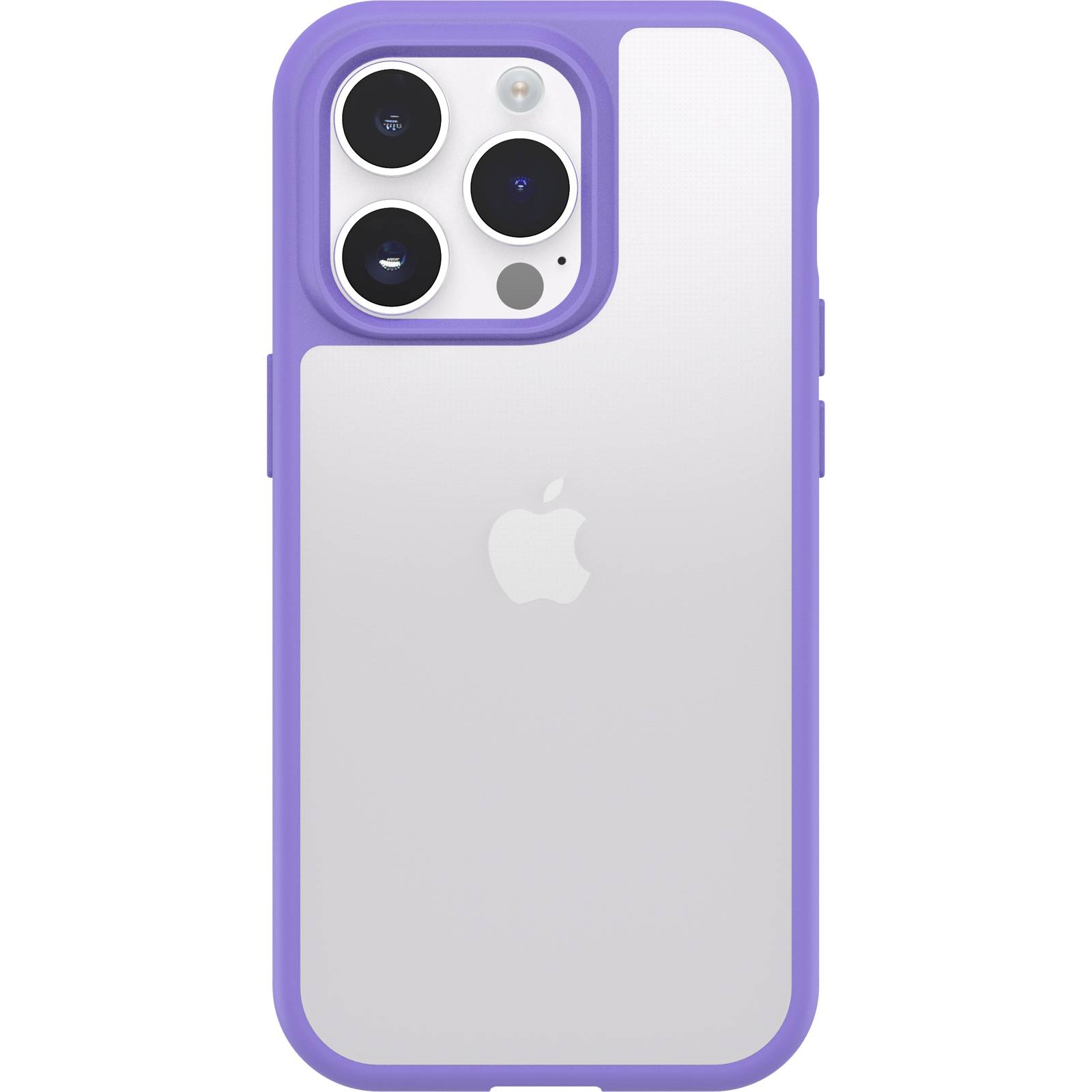 Fioletowe etui na smartfona chroni urządzenie mobilne; na tylnej stronie widać logo Apple.