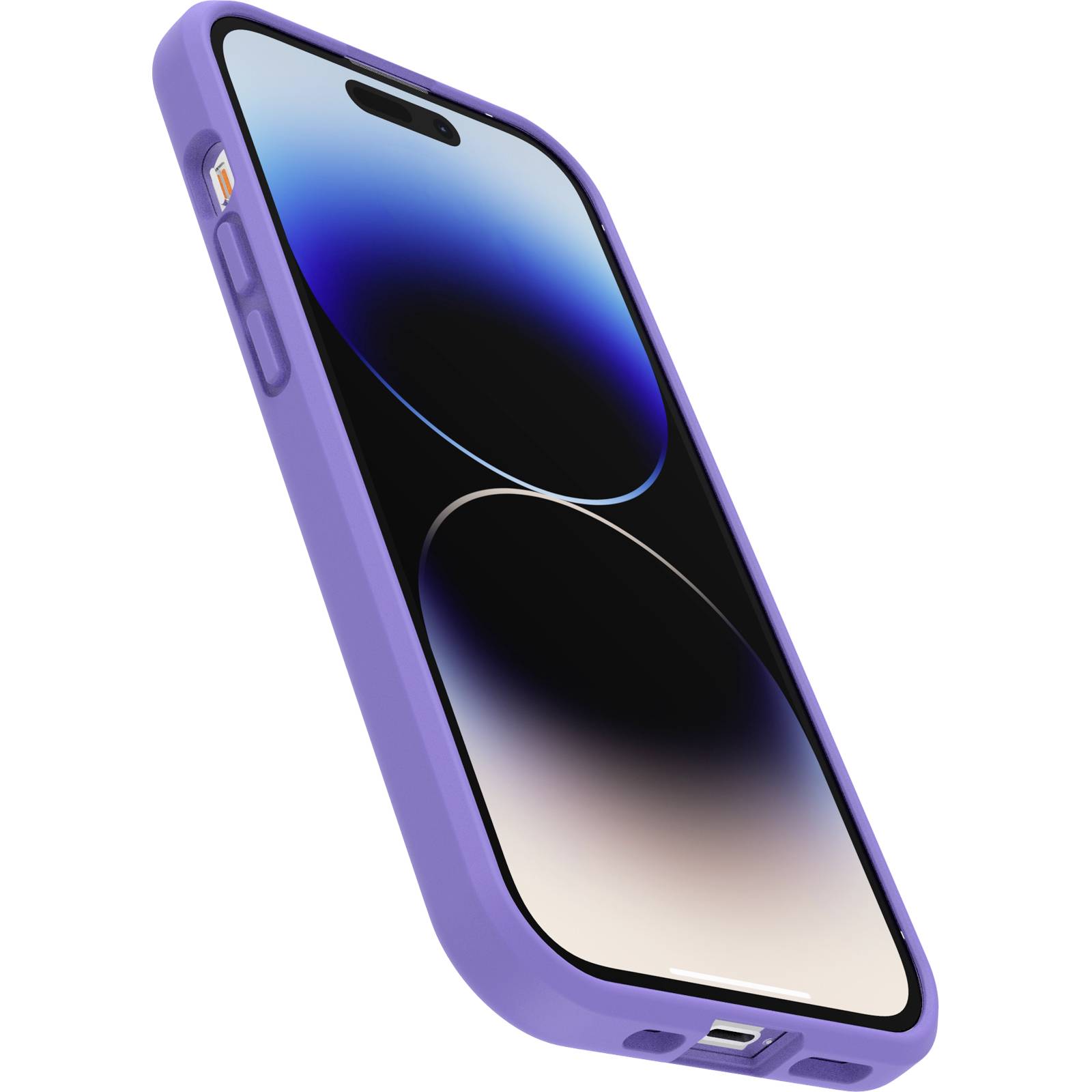 Smartfon z fioletową obudową, ekran w stanie spoczynku. Urządzenie ułożone jest pod lekkim kątem.