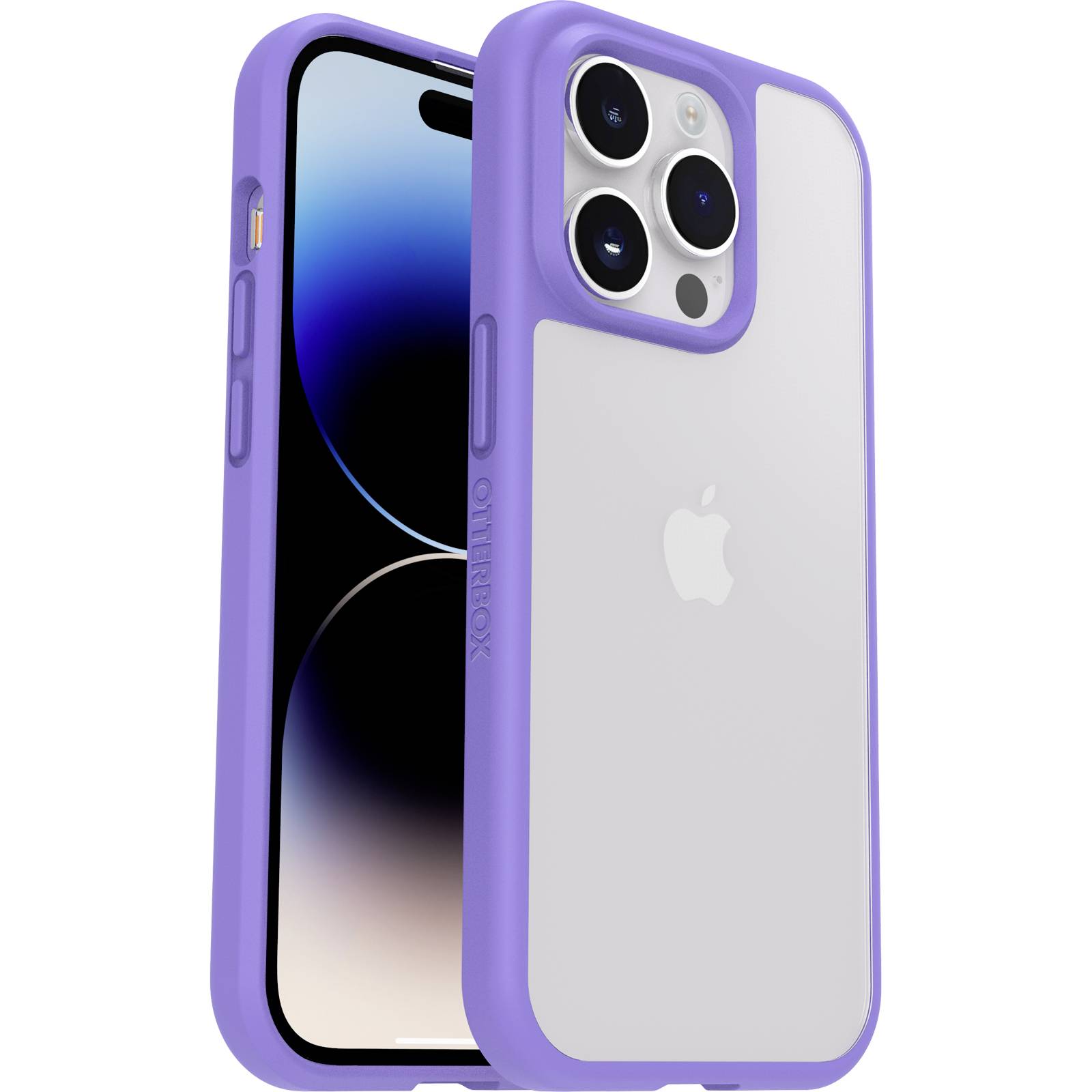 Dwa smartfony w fioletowych etui, jeden z ekranem skierowanym do przodu, drugi pokazujący tylną stronę z obiektywami aparatu i logo Apple.
