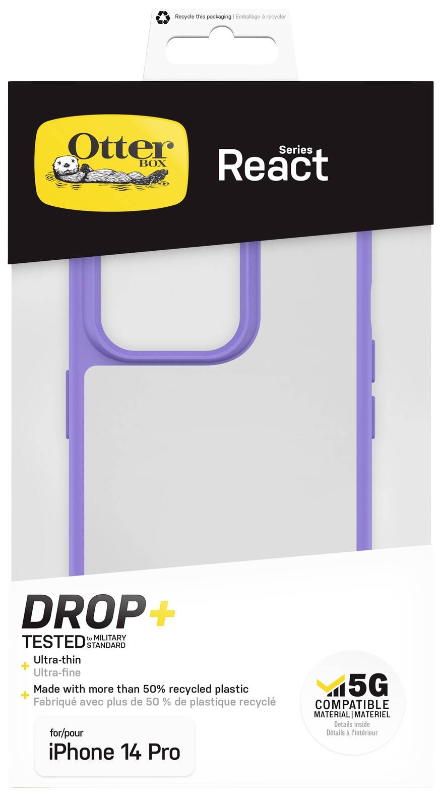 Opakowanie fioletowego etui OtterBox React dla iPhone 14 Pro. Cechy: ultra-cienkie, wykonane w ponad 50% z materiałów recyklingowych, kompatybilne z siecią 5G.
