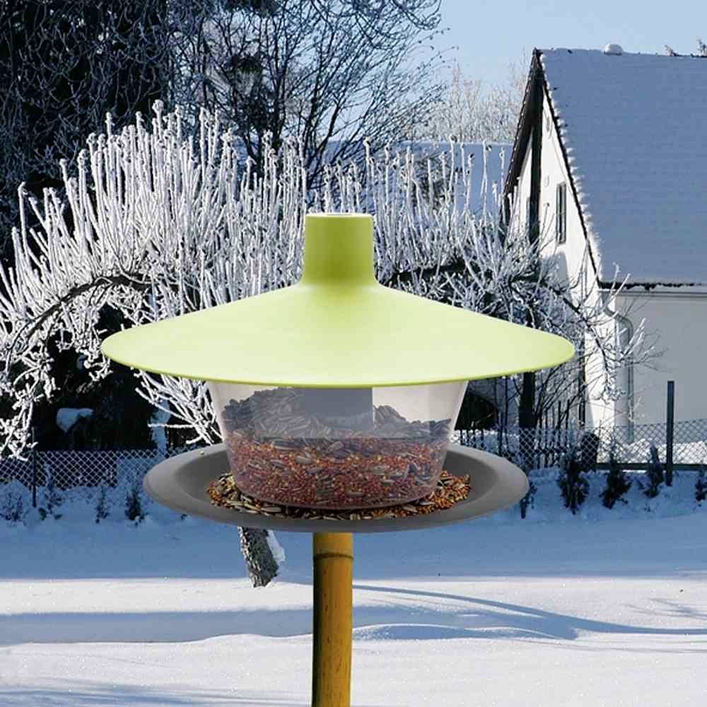Domek dla ptaków w zaśnieżonym ogrodzie, wypełniony karmą dla ptaków, przed domem i drzewami pokrytymi szronem.