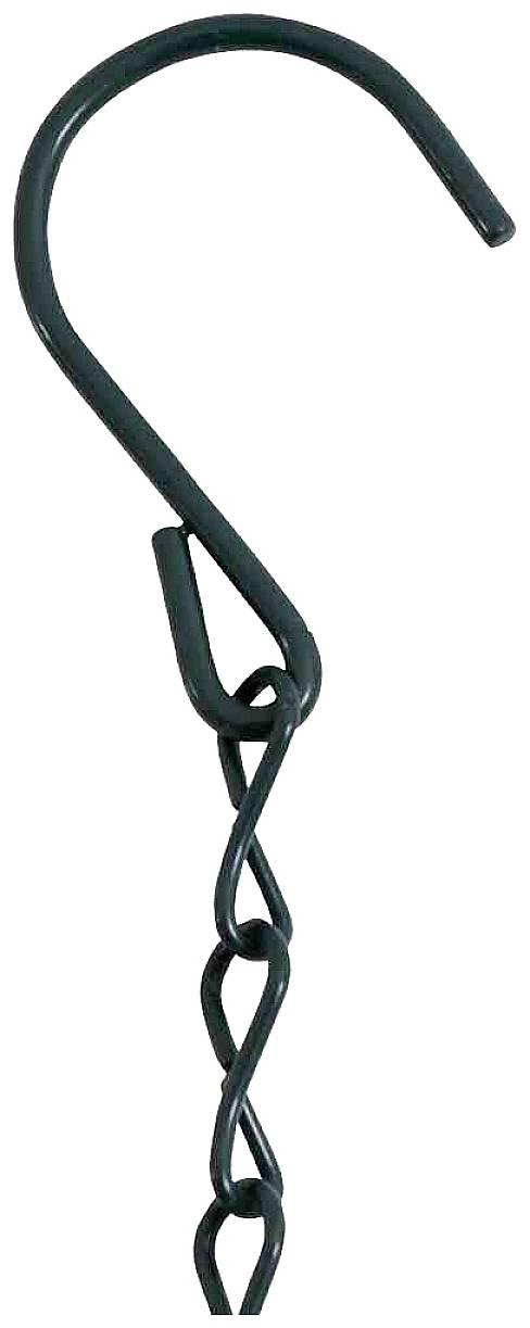 Zielony metalowy hak z przymocowanym łańcuchem, odpowiedni do zawieszania roślin lub podobnych przedmiotów.