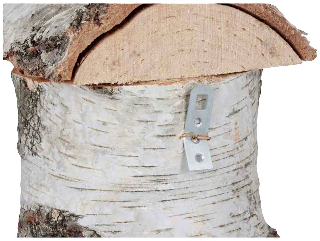 Kawałek pnia brzozowego z ukośnym dachem, do którego przymocowany jest hak metalowy.