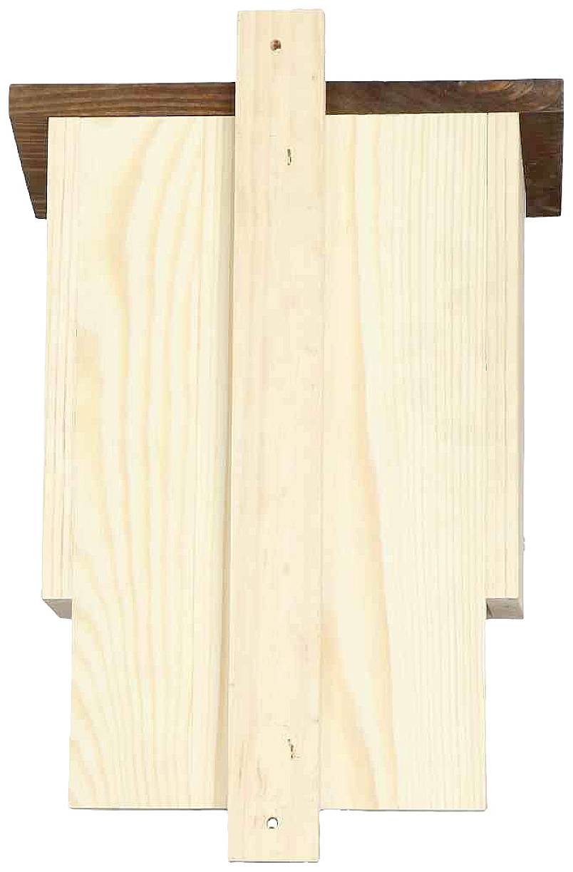 Prosty domek lęgowy z jasnego drewna, prostokątny z daszkiem. Odpowiedni dla ptaków, do zamocowania na ścianie lub drzewie.