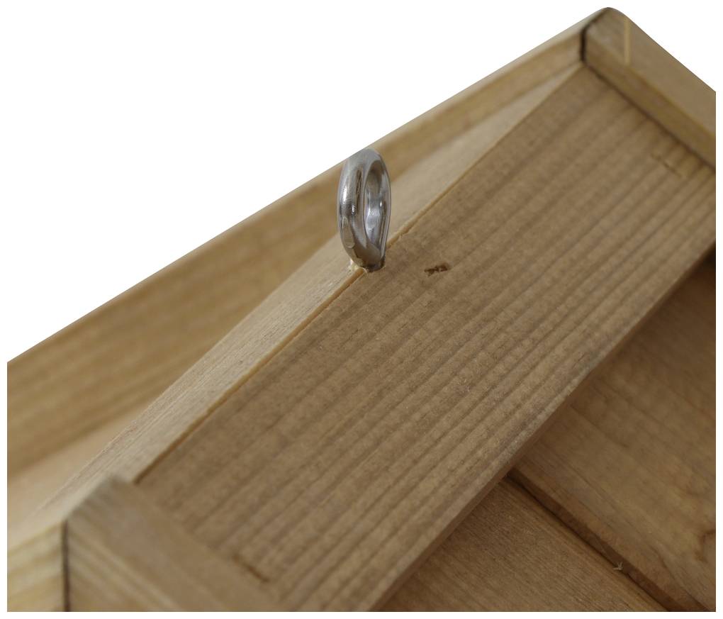 Drewniany ramka pokazuje metalowy uchwyt pierścieniowy u góry, przeznaczony do zawieszenia.