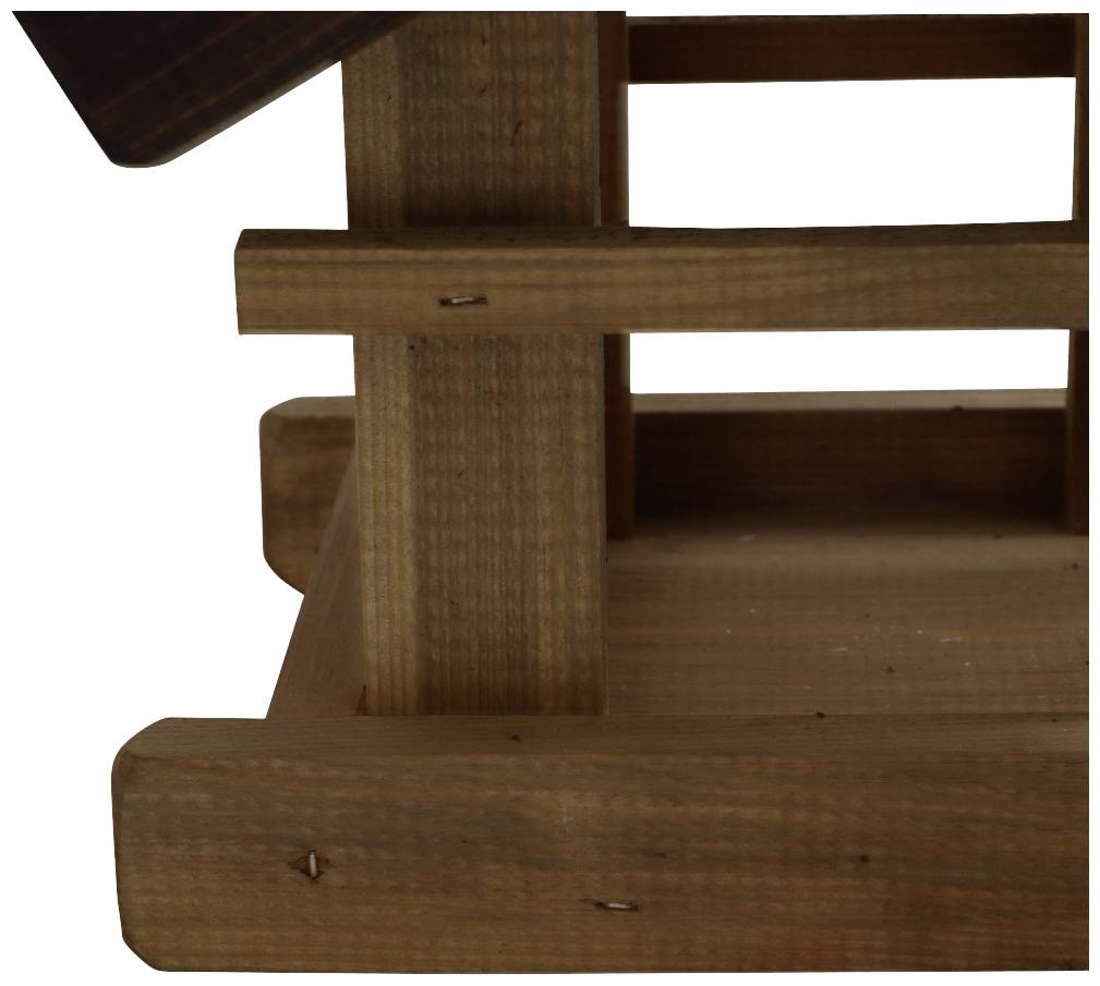 Drewniany domek dla ptaków o czystych liniach i prostym designie, odpowiedni do ogrodów lub balkonów.