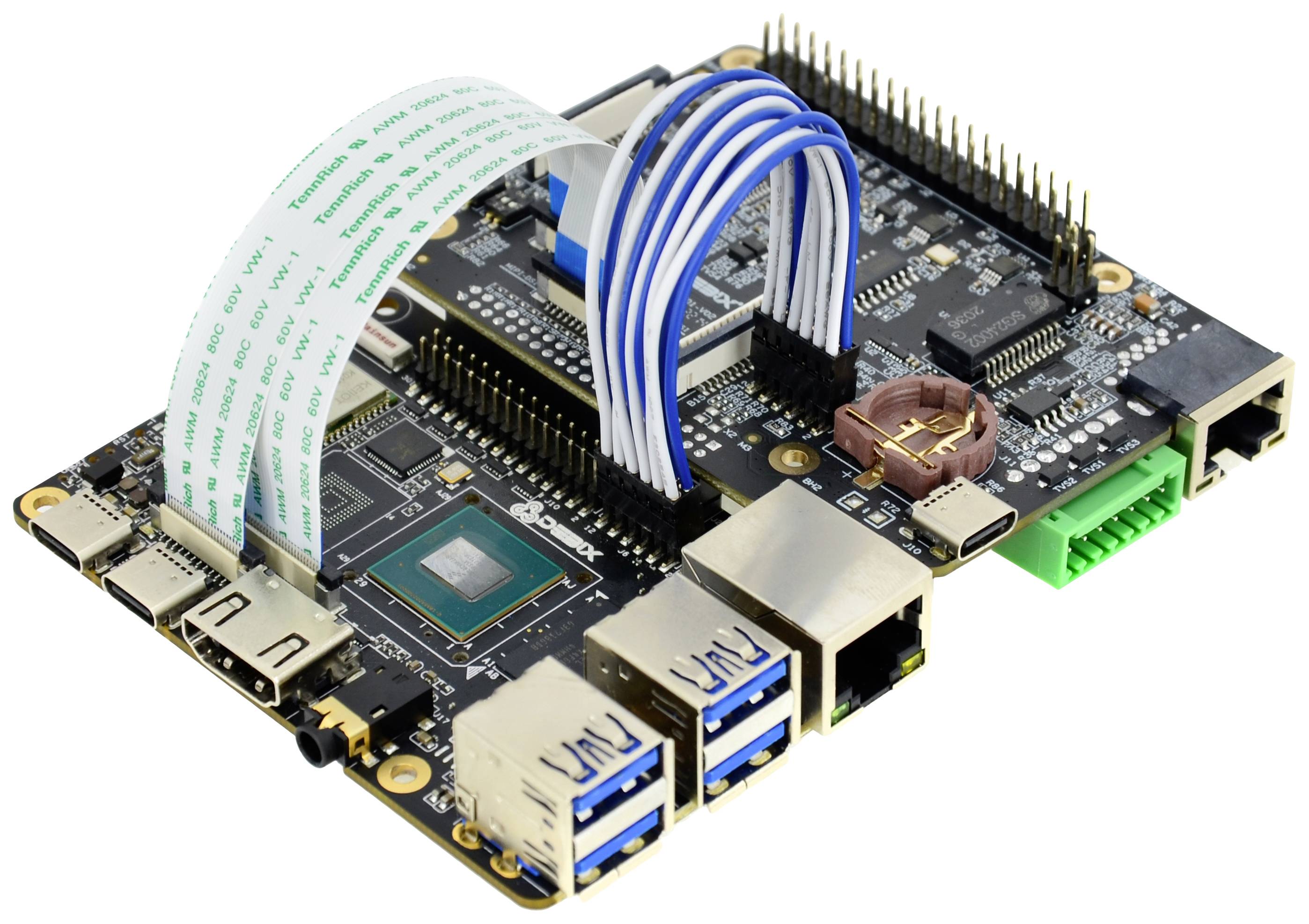 Płytka drukowana z różnymi złączami i przewodami, prawdopodobnie używana w zastosowaniach komputerowych lub elektronicznych.