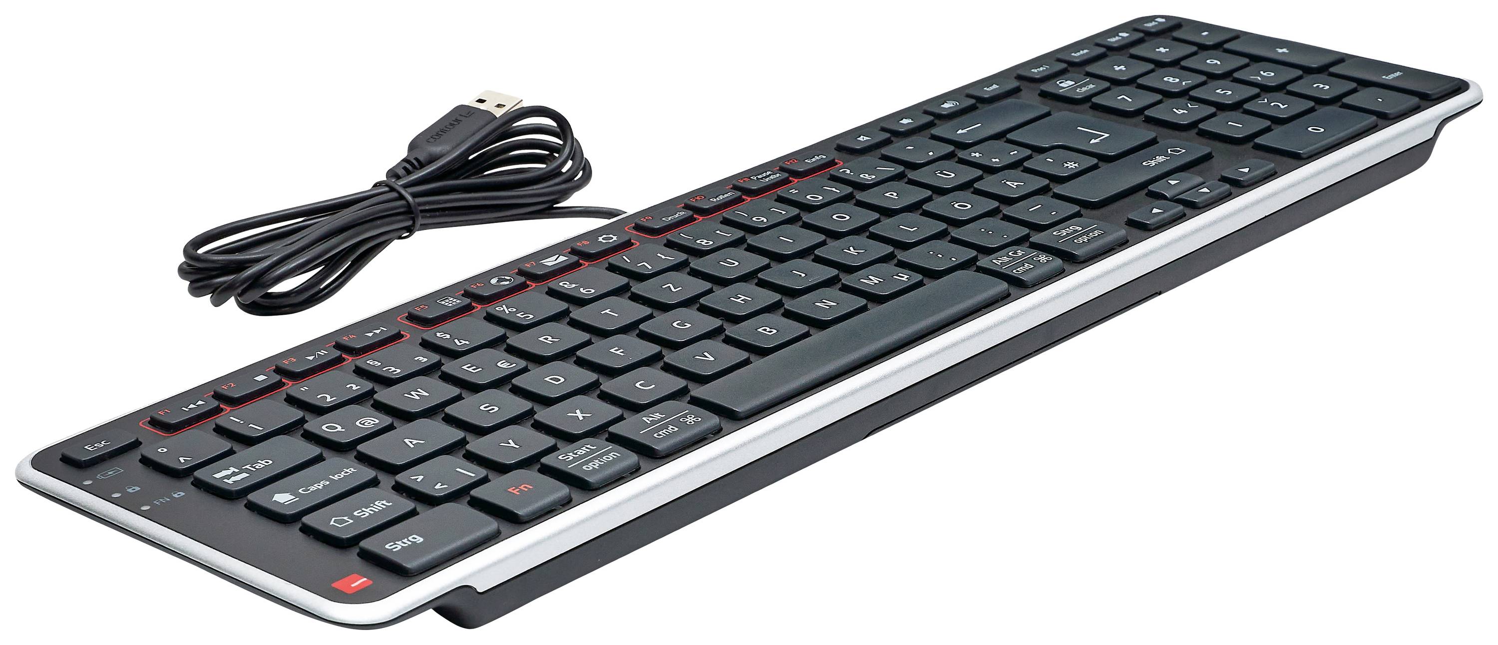 Czarna klawiatura komputerowa z kablem USB, płaski design i czerwonymi klawiszami funkcyjnymi, ułożona na skos.