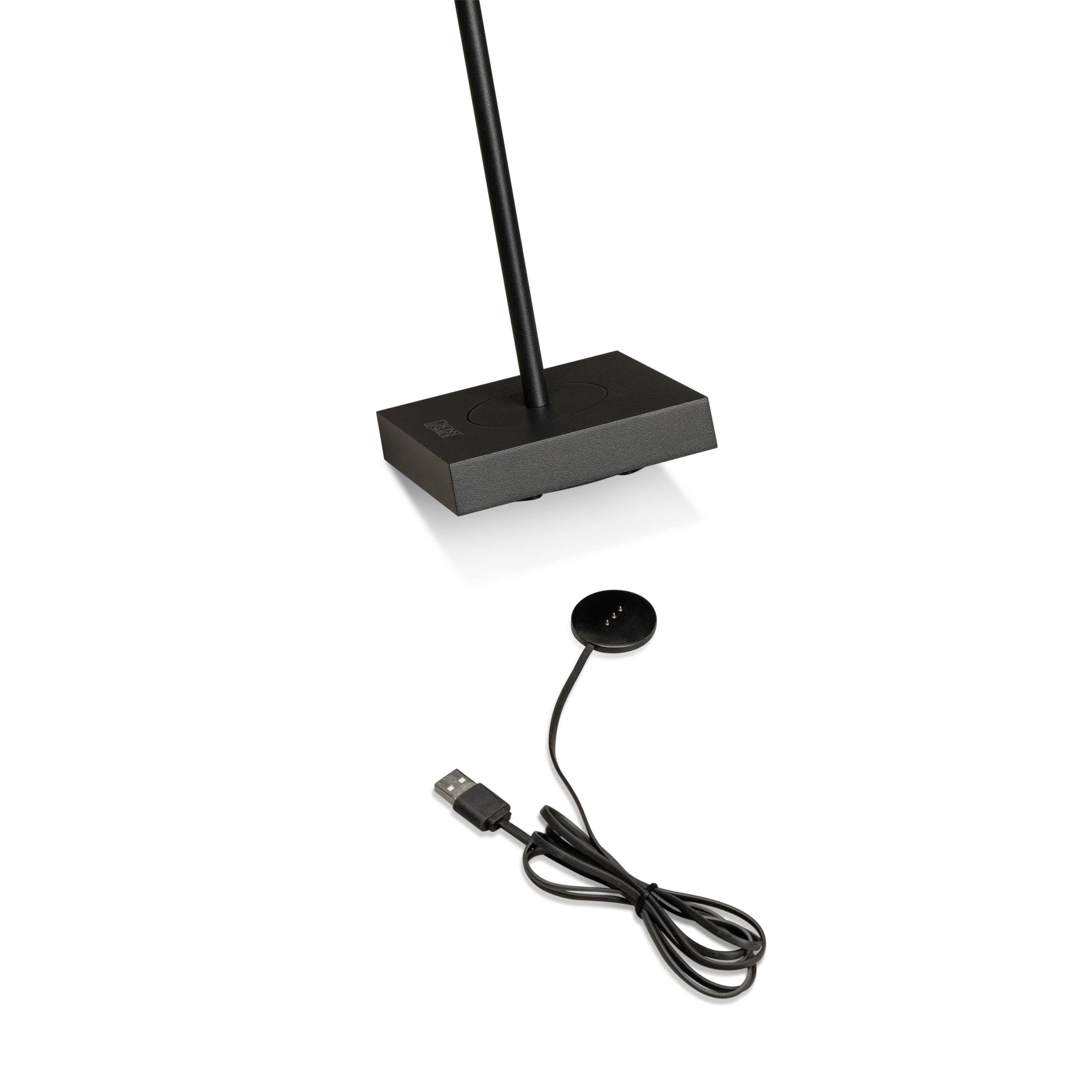 Czarna lampa biurkowa z prostokątną podstawą i częścią z gniazdem USB obok, odpowiednia do użytku na biurku.