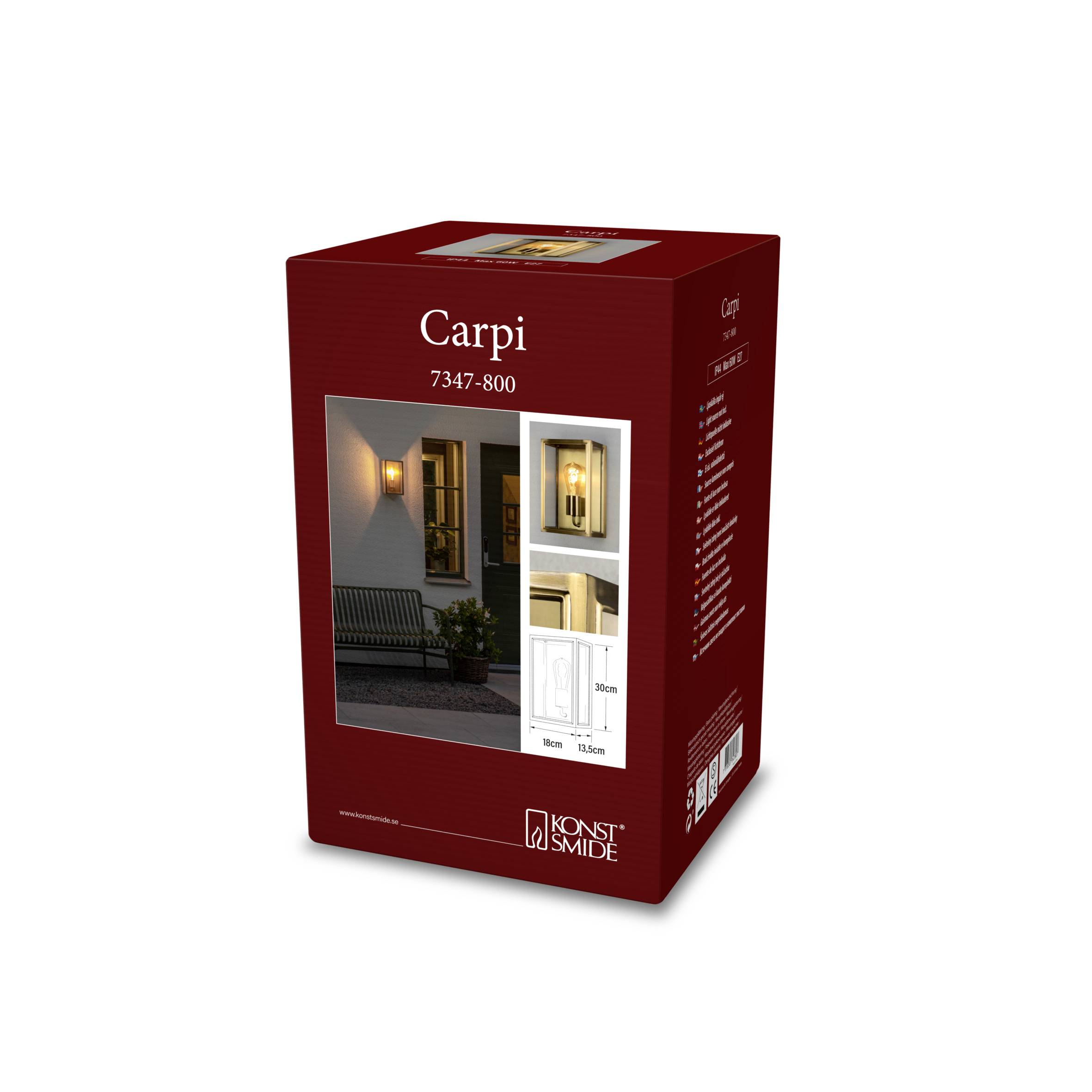 Czerwone opakowanie modelu lampy ściennej 'Carpi'. Pokazuje dwa zdjęcia lampy zamontowanej oraz wymiary 28 cm (wys.) x 30 cm (szer.).