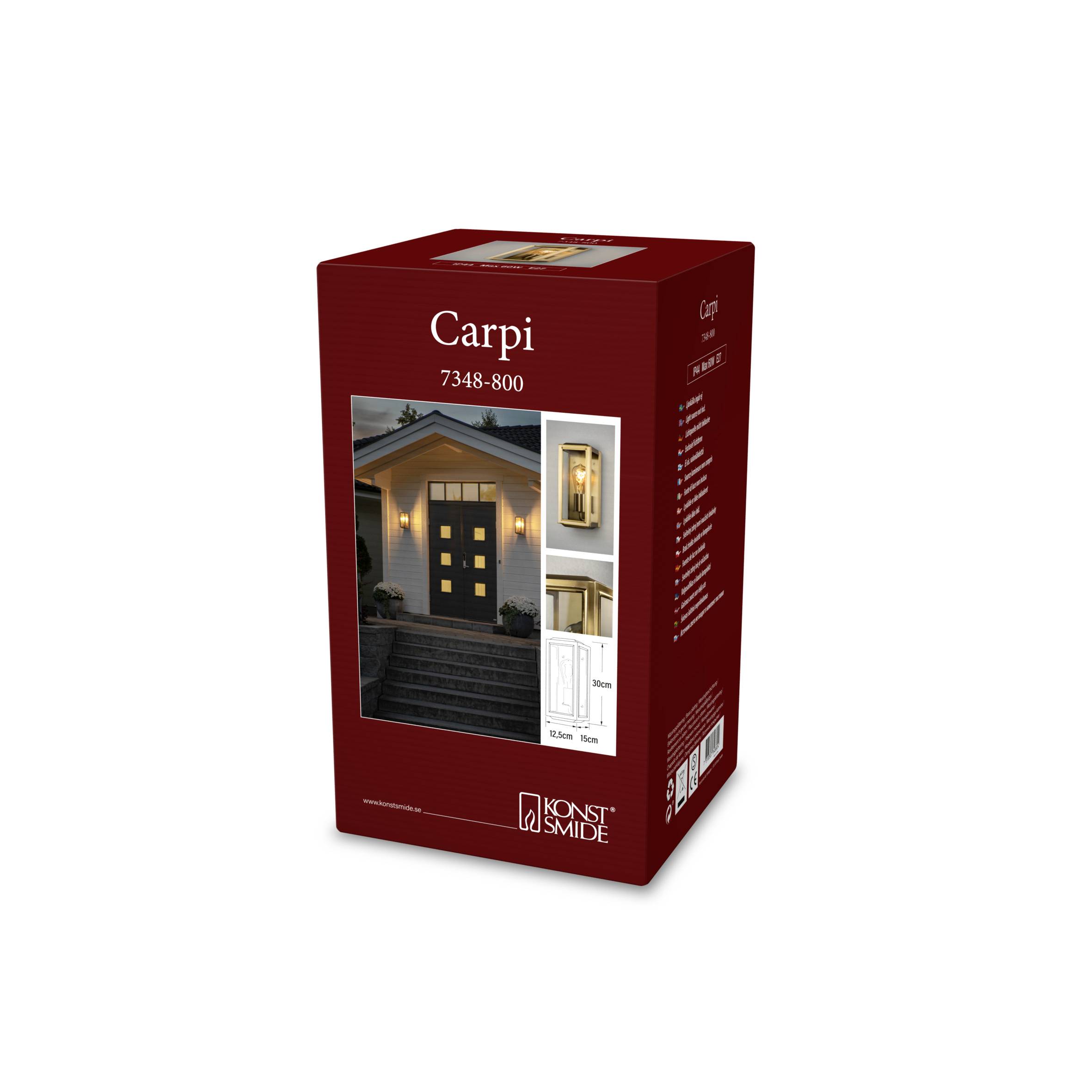 Czerwone opakowanie produktu lampy zewnętrznej z obrazkiem oświetlonego wejścia, szczegółami produktu i rysunkiem. Tekst: 'Carpi 7348-800'.