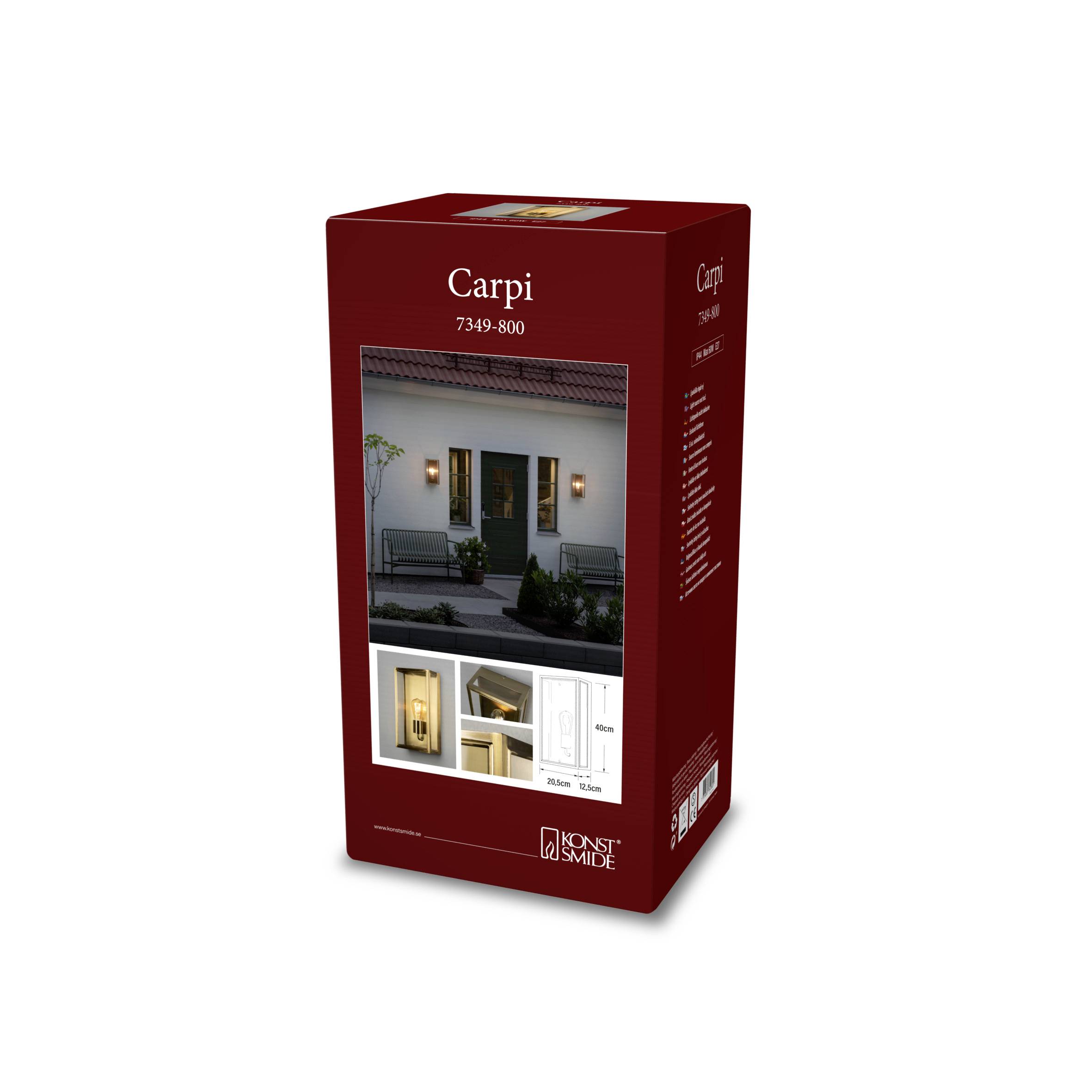 Opakowanie lampy zewnętrznej marki Konstsmide. Zawiera zdjęcie lampy zamontowanej na domu, model 'Carpi', numer artykułu 7349-800.