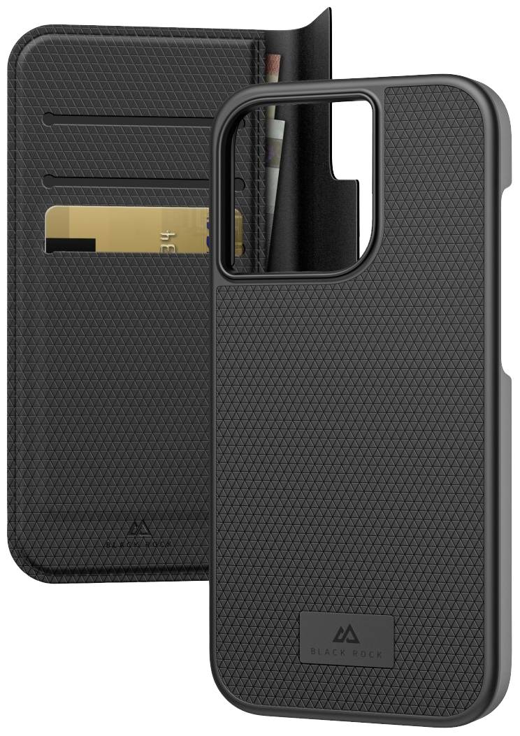 Etui na smartfona z przegródkami na karty, czarne, prezentujące złotą kartę w jednej z komór.