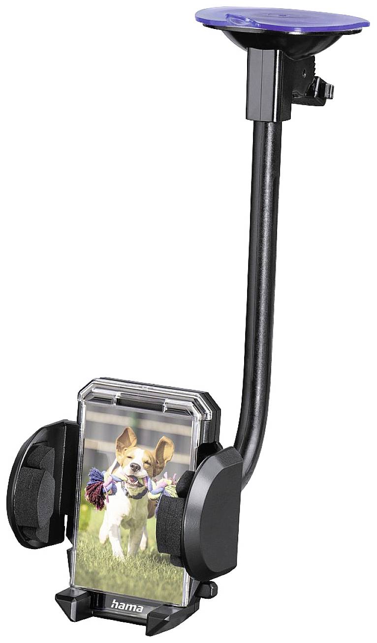 Uchwyt na telefon z elastycznym ramieniem, zaciskami po bokach oraz podstawą, która przywiera do gładkich powierzchni. Zdjęcie psa jest zintegrowane z projektem.