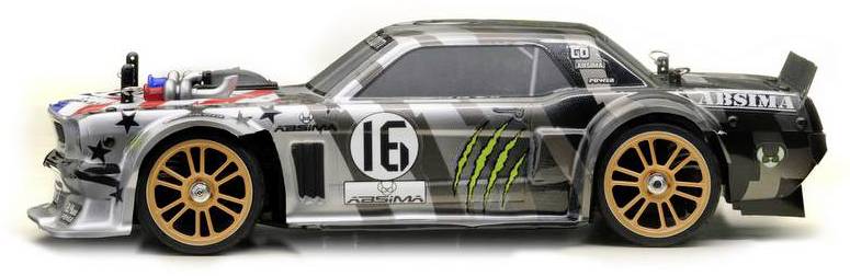 Zdalnie sterowany model samochodu o rzucającym się w oczy designie w kolorach czarnym i szarym, ze złotymi felgami i logo sponsorów na nadwoziu.