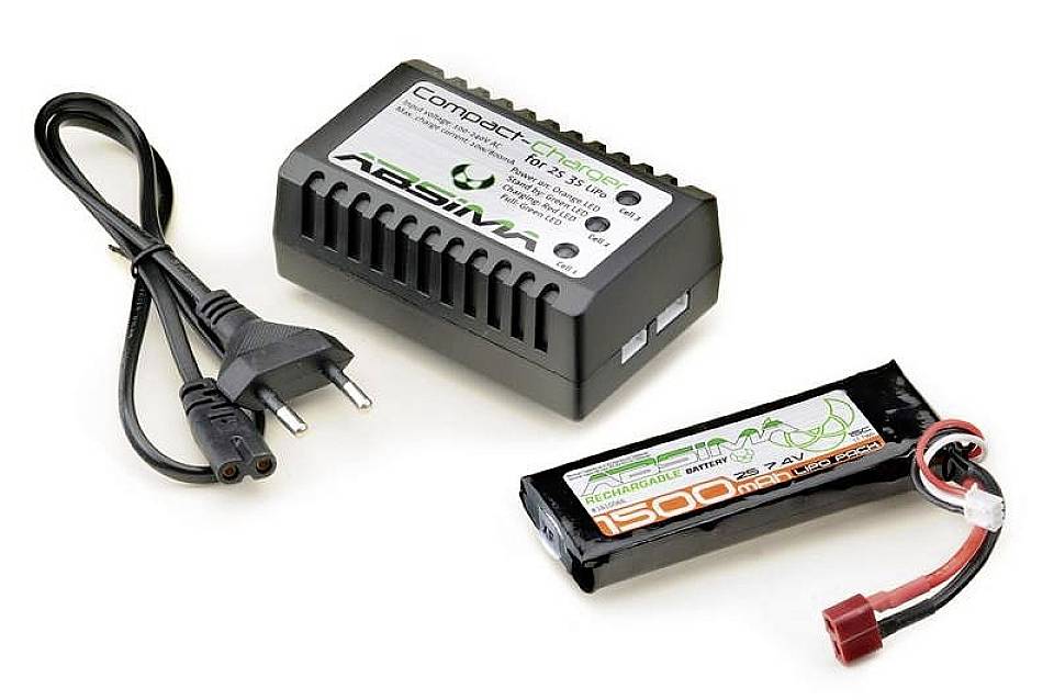 Ładowarka kompaktowa z akumulatorem o pojemności 1500 mAh, 7,2V. Zawiera również przewód zasilający. Odpowiednia dla modeli zdalnie sterowanych.