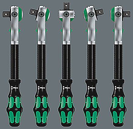 Pięć regulowanych kluczy nastawnych w kolorach czarnym i zielonym ułożonych pionowo na szarym tle, każdy z różnymi kątami głowic prezentujący różne pozycje blokady.