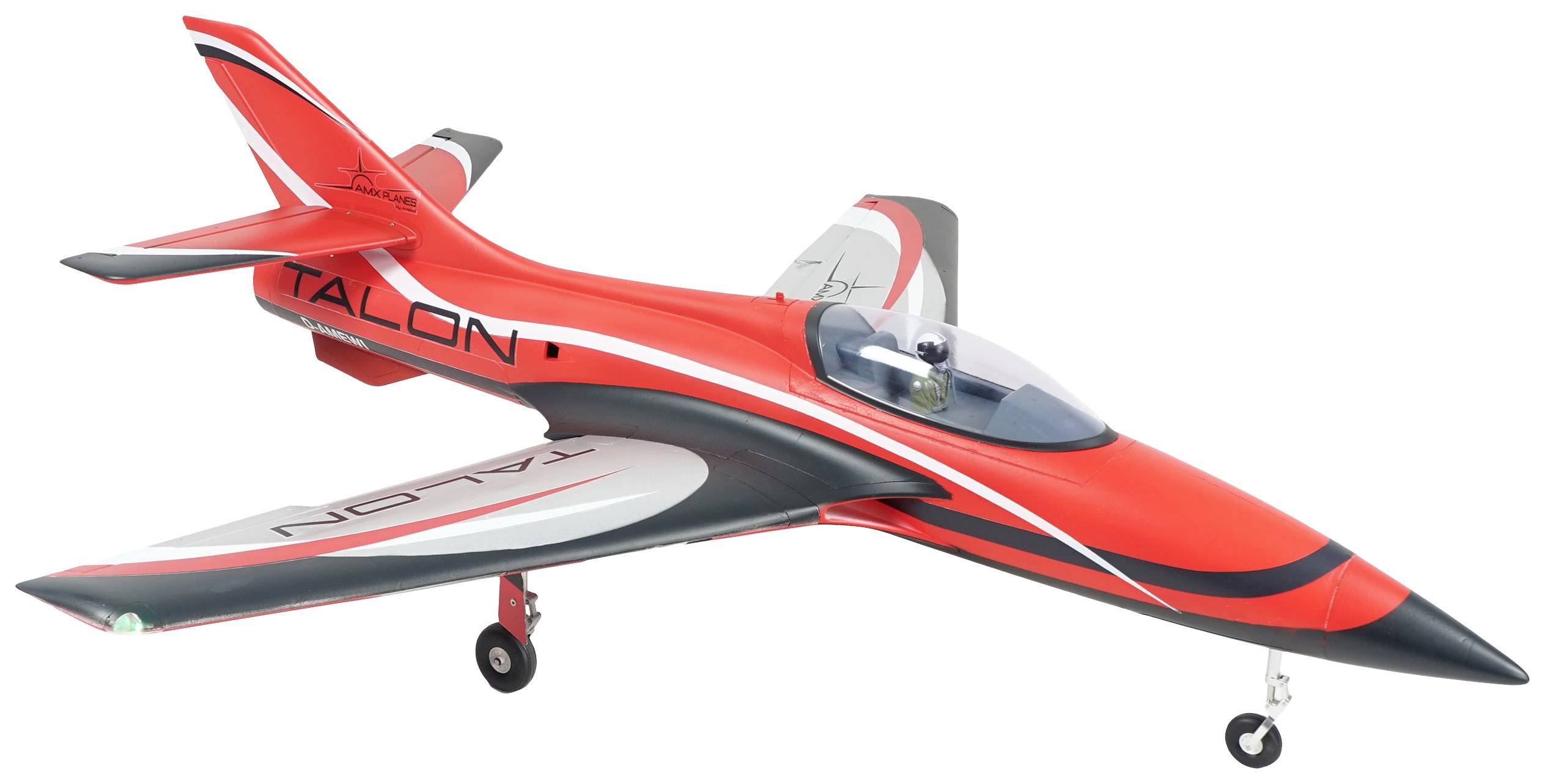 Czerwony modelowy odrzutowiec z napisem 'Talon' na kadłubie i skrzydłach, przedstawiony na białym tle.