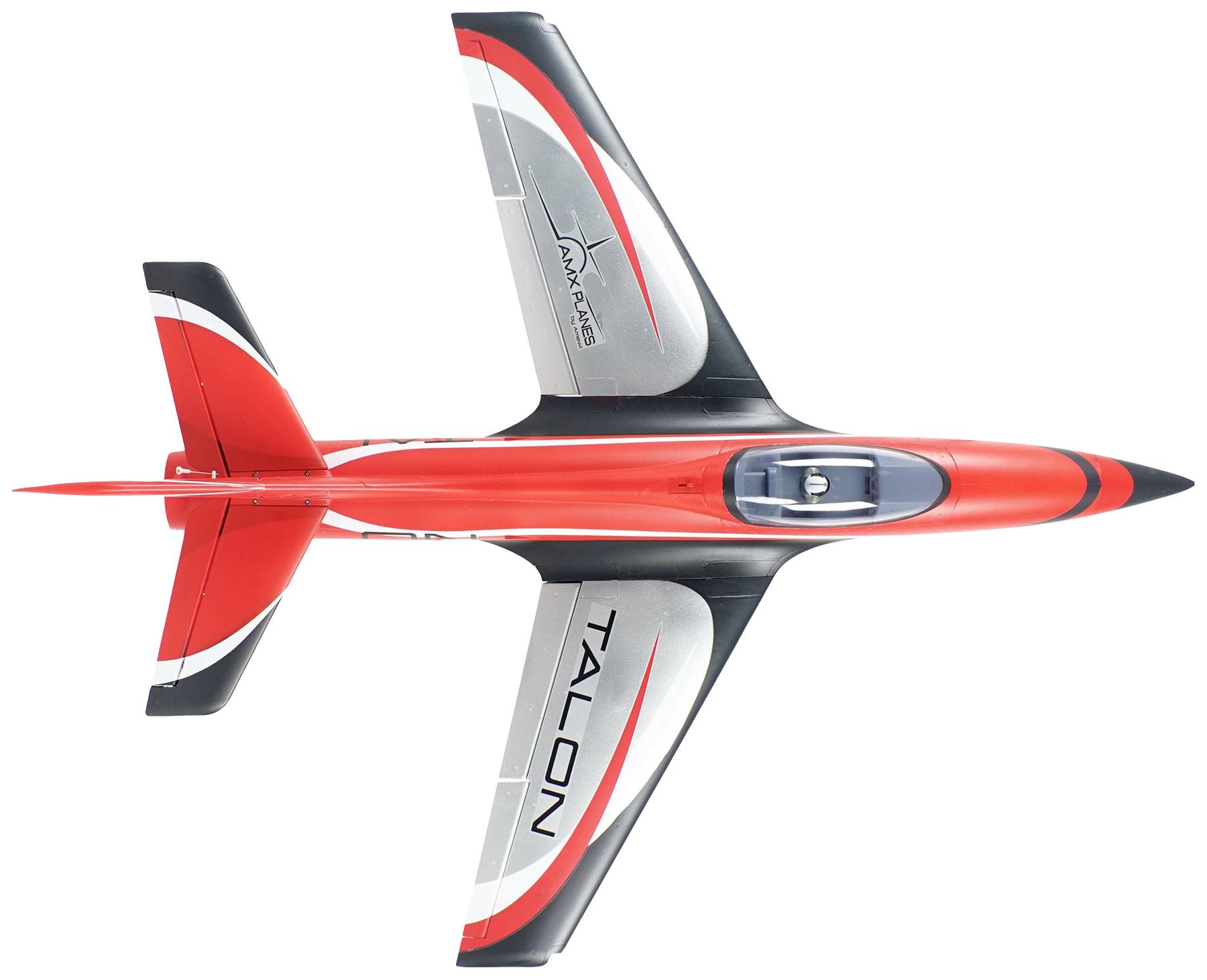 Czerwony modelarski samolot z napisem 'TALON' na skrzydle, widziany z góry, prezentuje nowoczesny, smukły design.