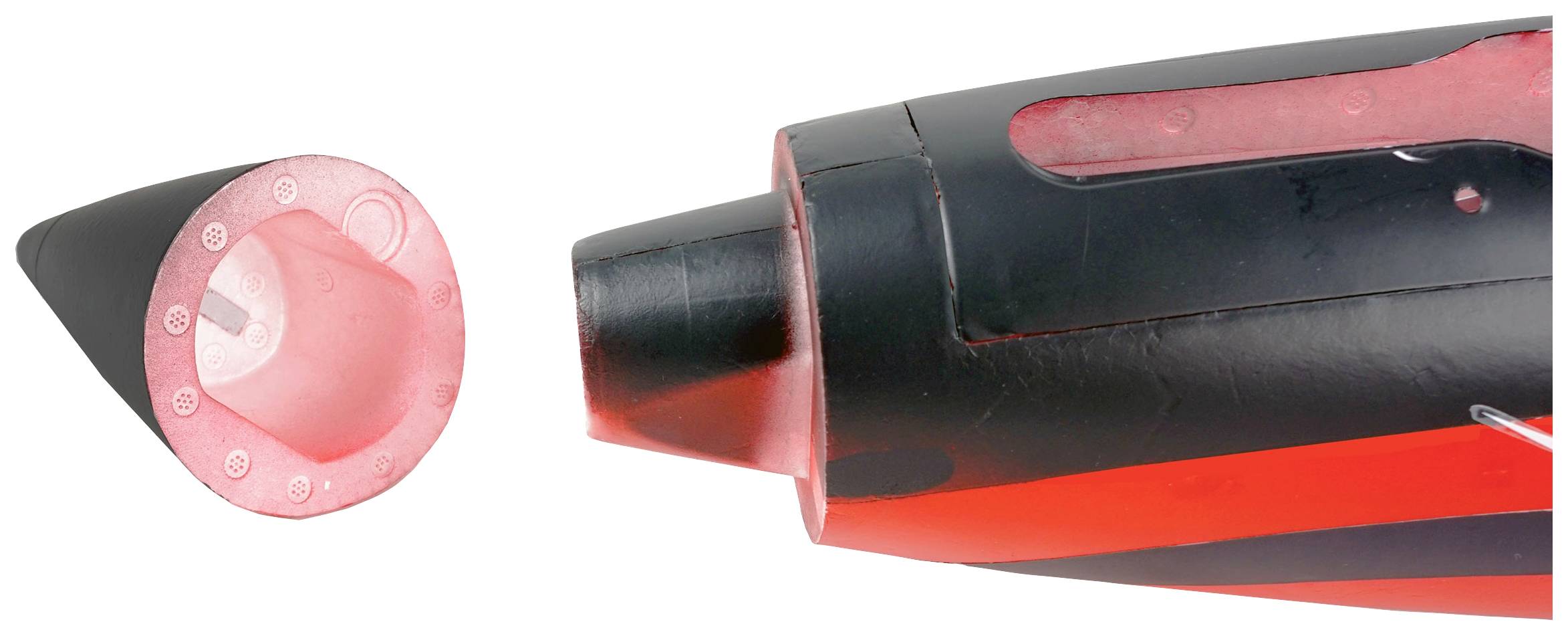 Czerwono-czarny długopis z odkręconą nakładką odsłania końcówkę. Nakładka leży obok po lewej stronie.