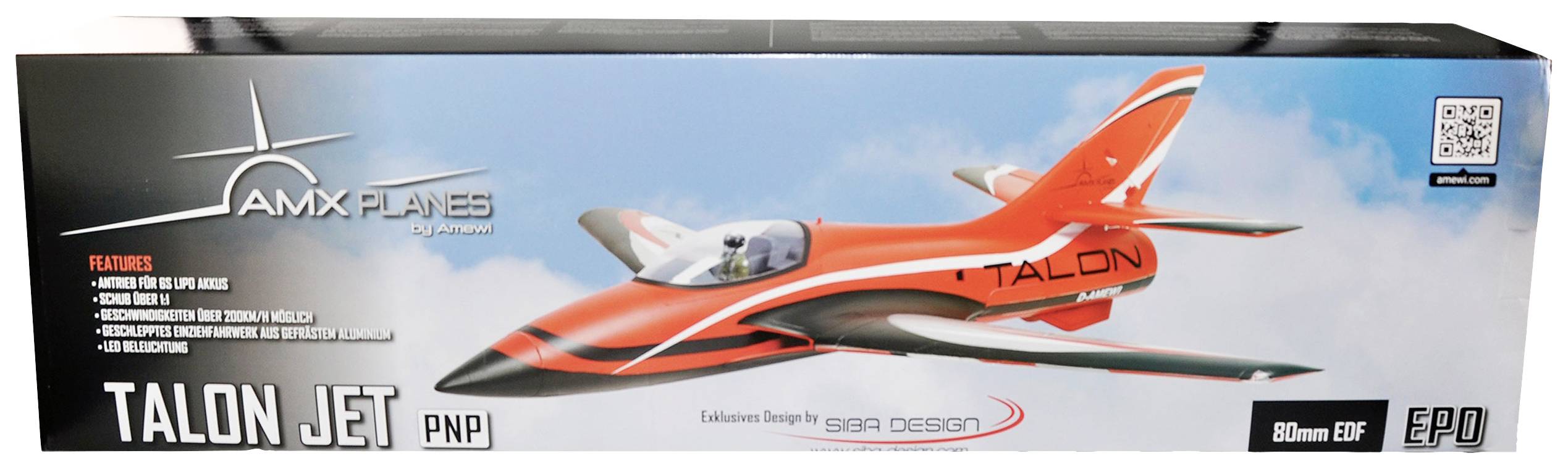 Czerwony samolot modelarski, AMX Planes Talon Jet PNP, 80mm EDF. Projekt opakowania z obrazem samolotu w powietrzu, błękitne niebo w tle.