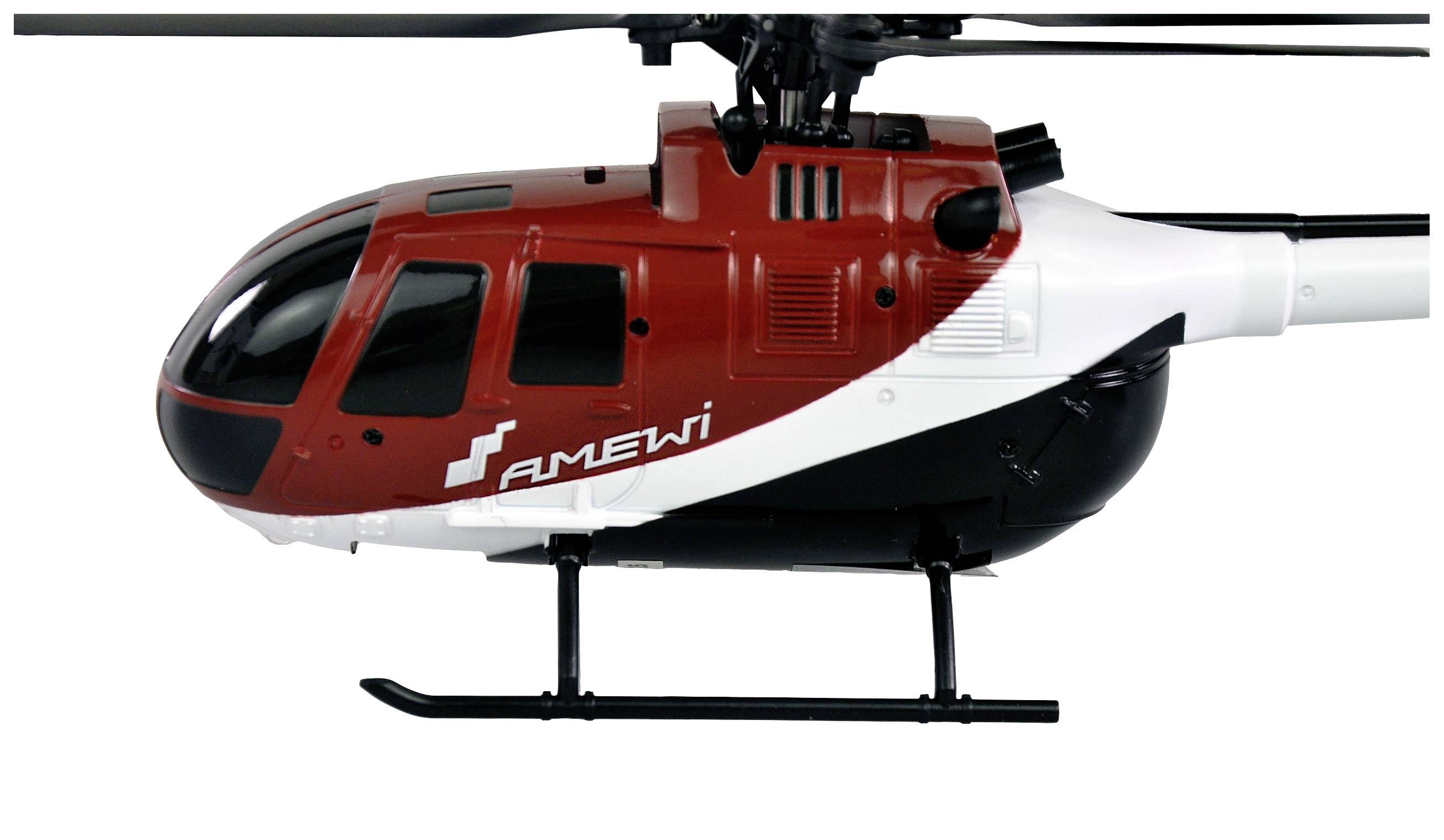 Modelowy helikopter w kolorach czerwonym i białym z logo 'AMEWI' na boku.