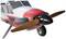 Modelowy samolot w czerwono-białym malowaniu, z widocznym śmigłem i podwoziem.