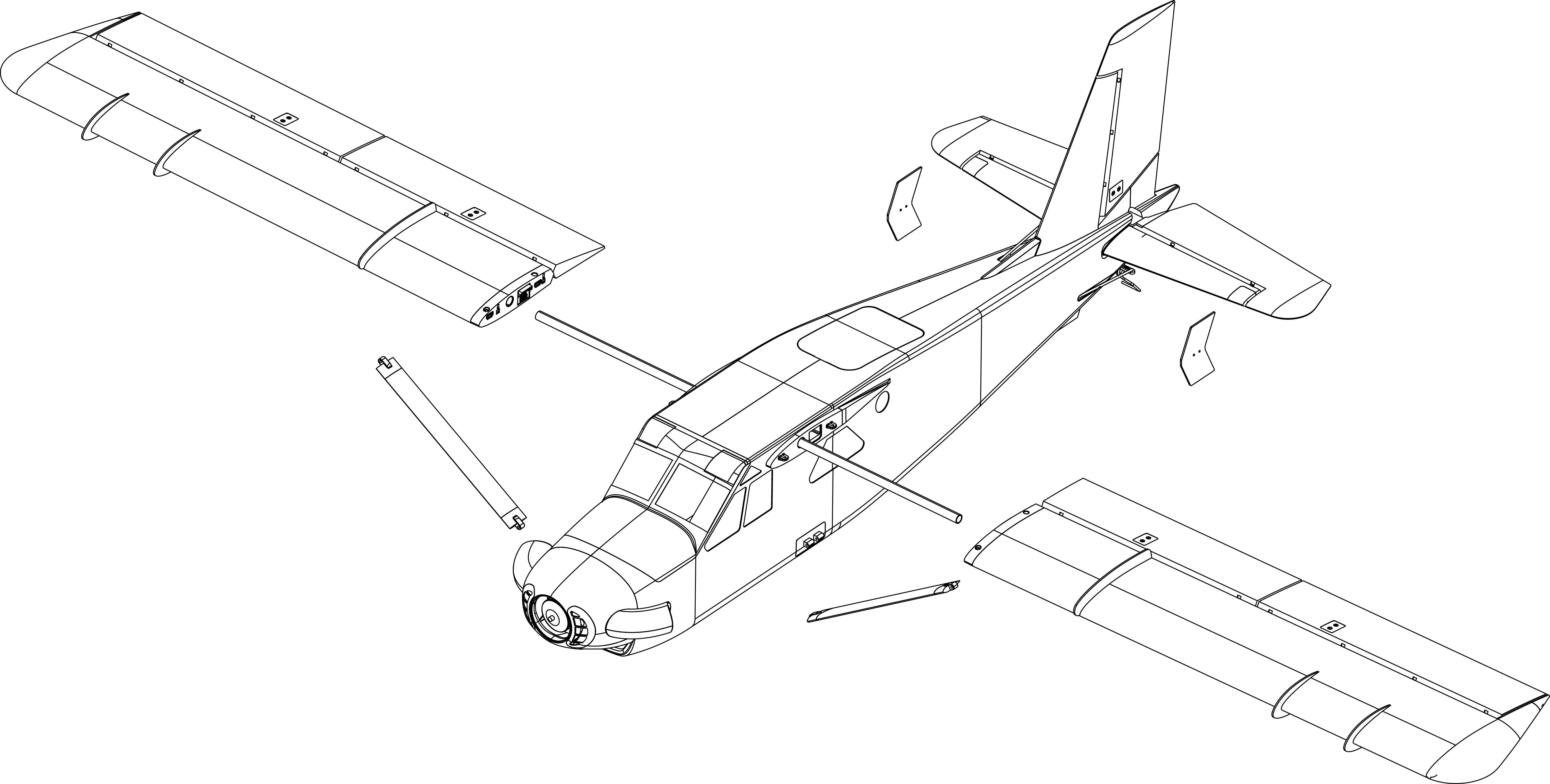 Rysunek rozstrzelony małego jednosilnikowego samolotu, przedstawiający sposób montażu. Zdejmowane skrzydła i części są wyróżnione.
