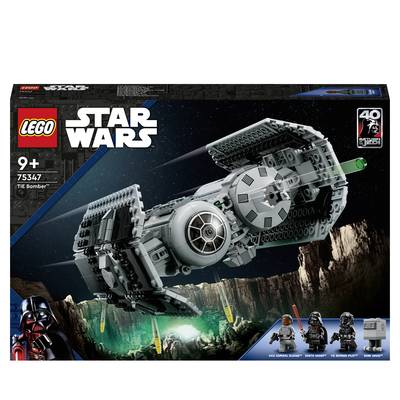 Zestaw LEGO Star Wars 75347 'Bombowiec TIE'. Ilustracja przedstawia model statku kosmicznego z minifigurkami. Odpowiedni dla dzieci od 9 lat.