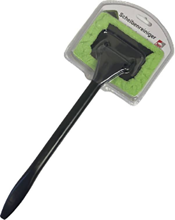 Ściereczka do czyszczenia szyb z czarną rączką i zieloną gąbką, zapakowana w plastikowe opakowanie.