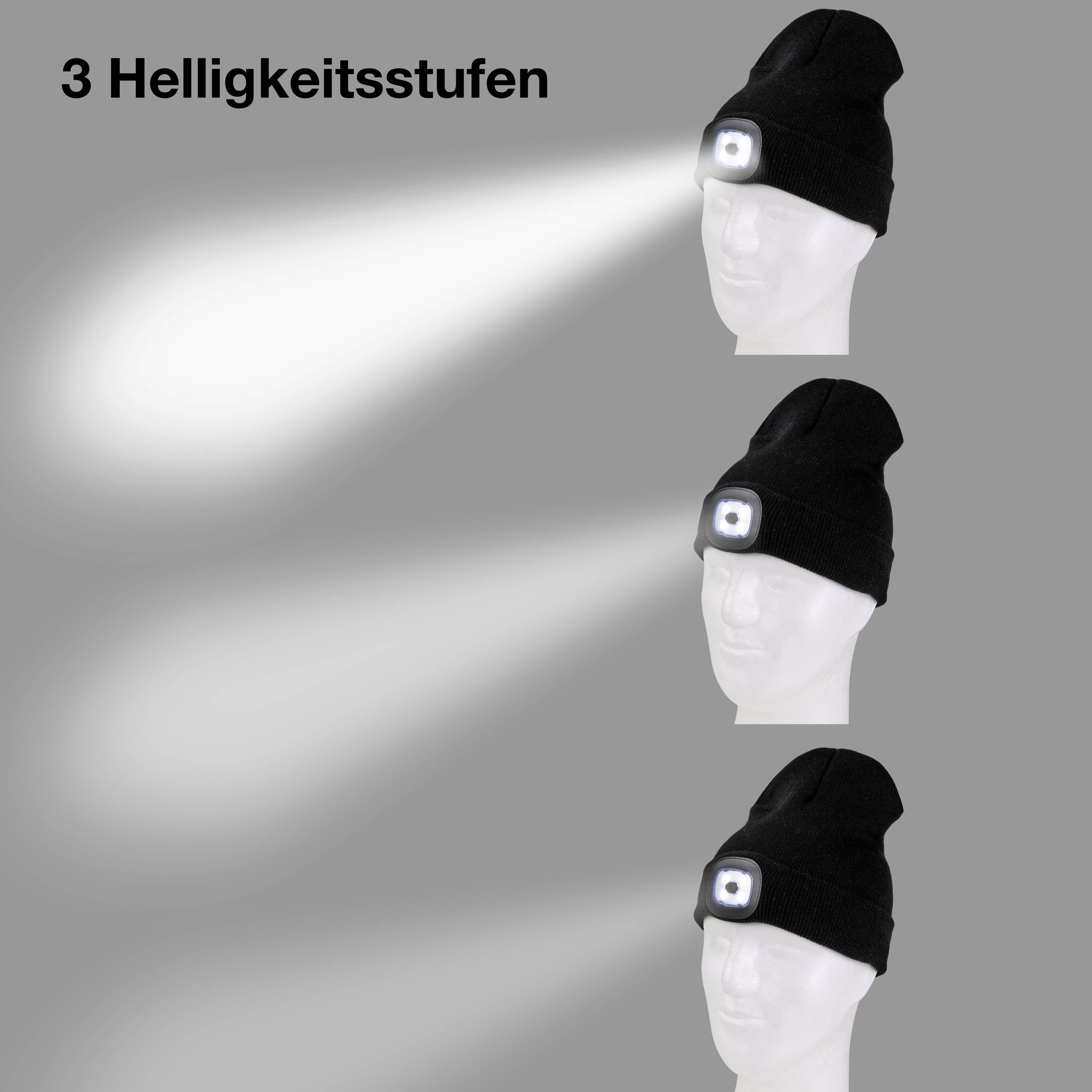 Trzy poziomy jasności czołówki są pokazane na głowie. Każdy poziom jest widoczny poprzez różną intensywność światła.