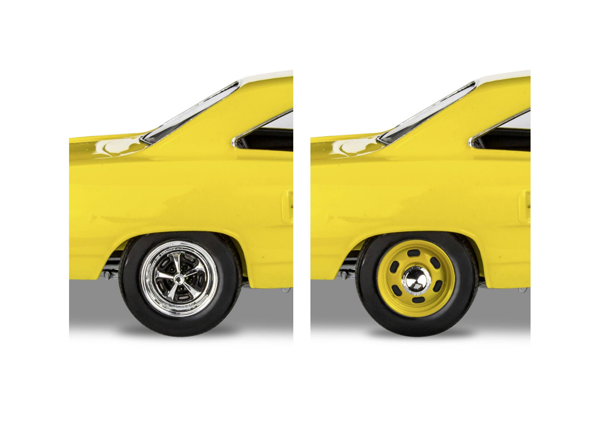 Widok z przodu żółtego samochodu, który z lewej strony wyposażony jest w sportowe felgi, a z prawej strony w proste felgi, na szarym tle.