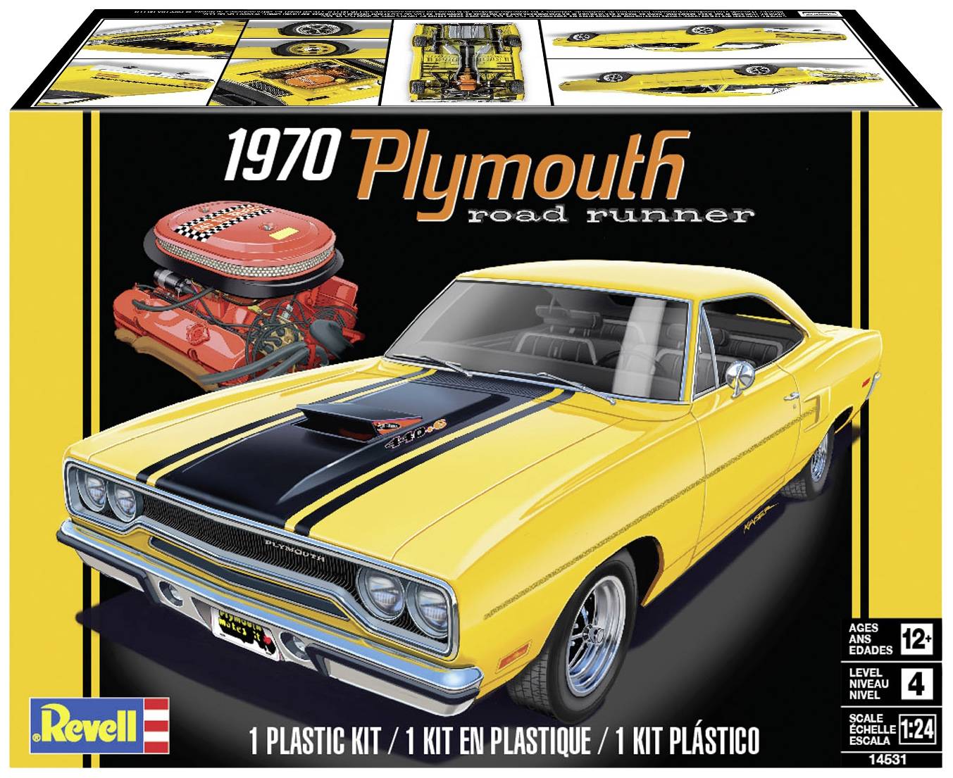 Opakowanie zestawu modelarskiego: 'Plymouth Road Runner 1970'. Żółty samochód z czarnym pasem, czerwoną ilustracją silnika, logo Revell.